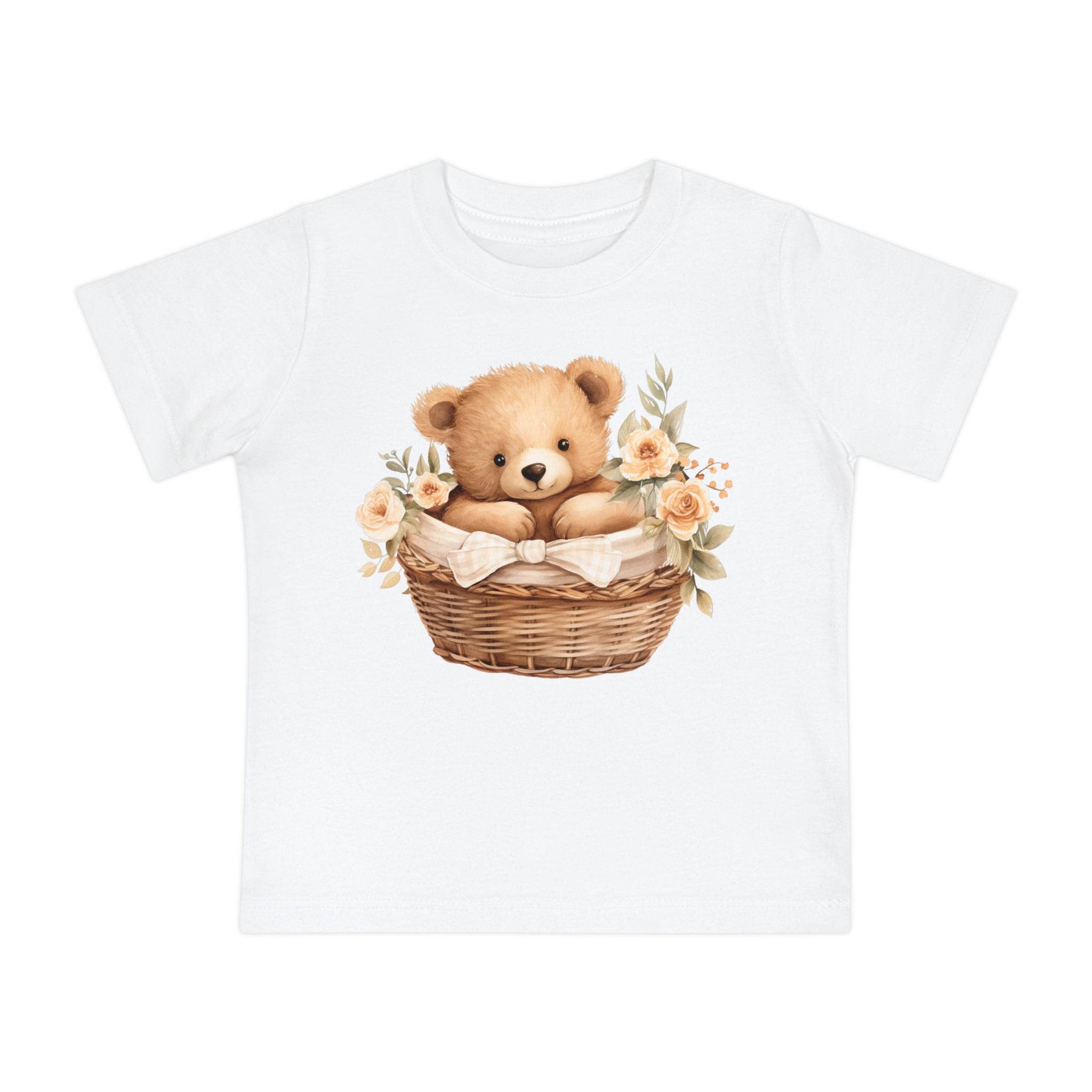 Printify white baby t-shirt with teddy bear in basket and floral design eco-friendly baby t-shirt