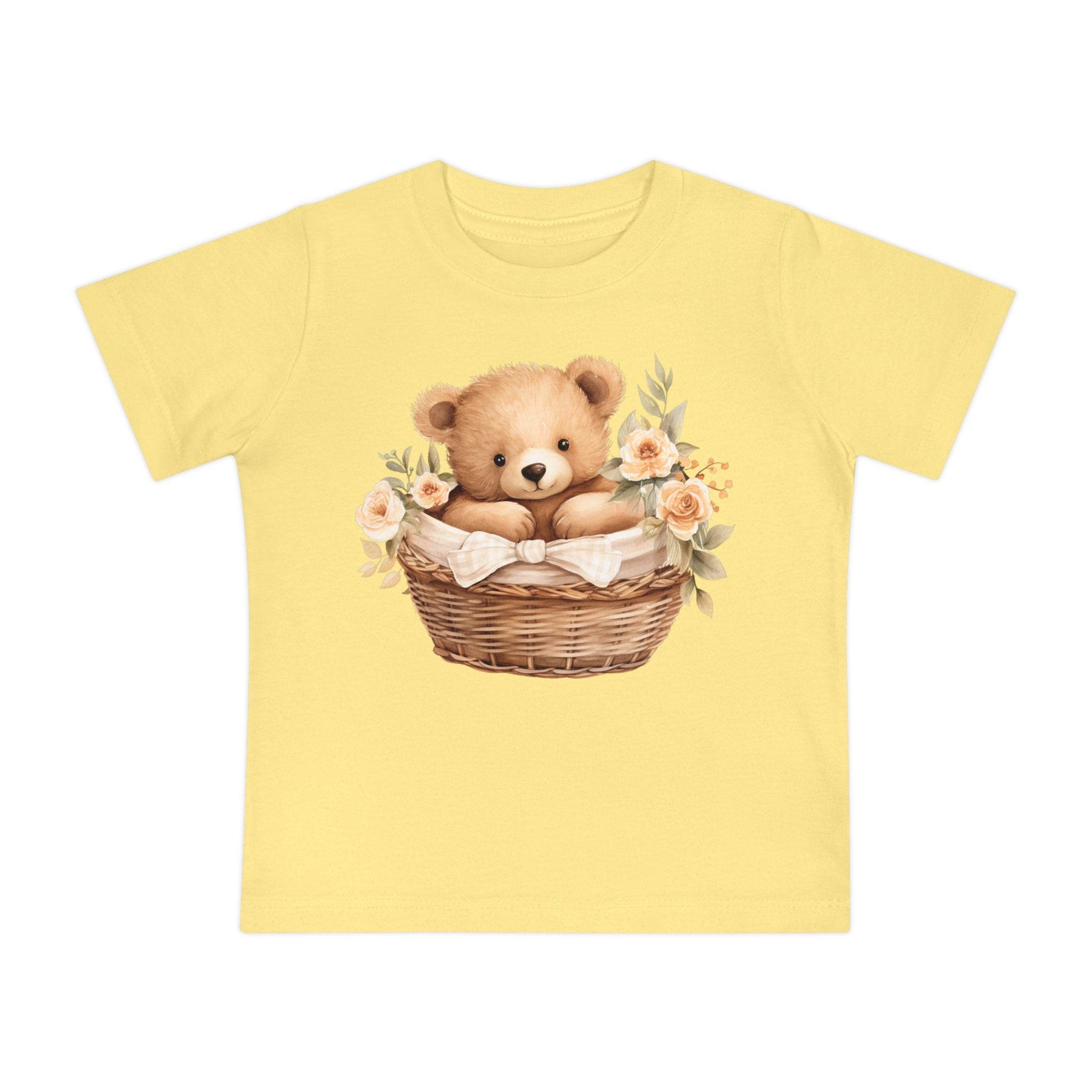 Yellow eco-friendly baby t-shirt with teddy bear in basket and floral design by Printify