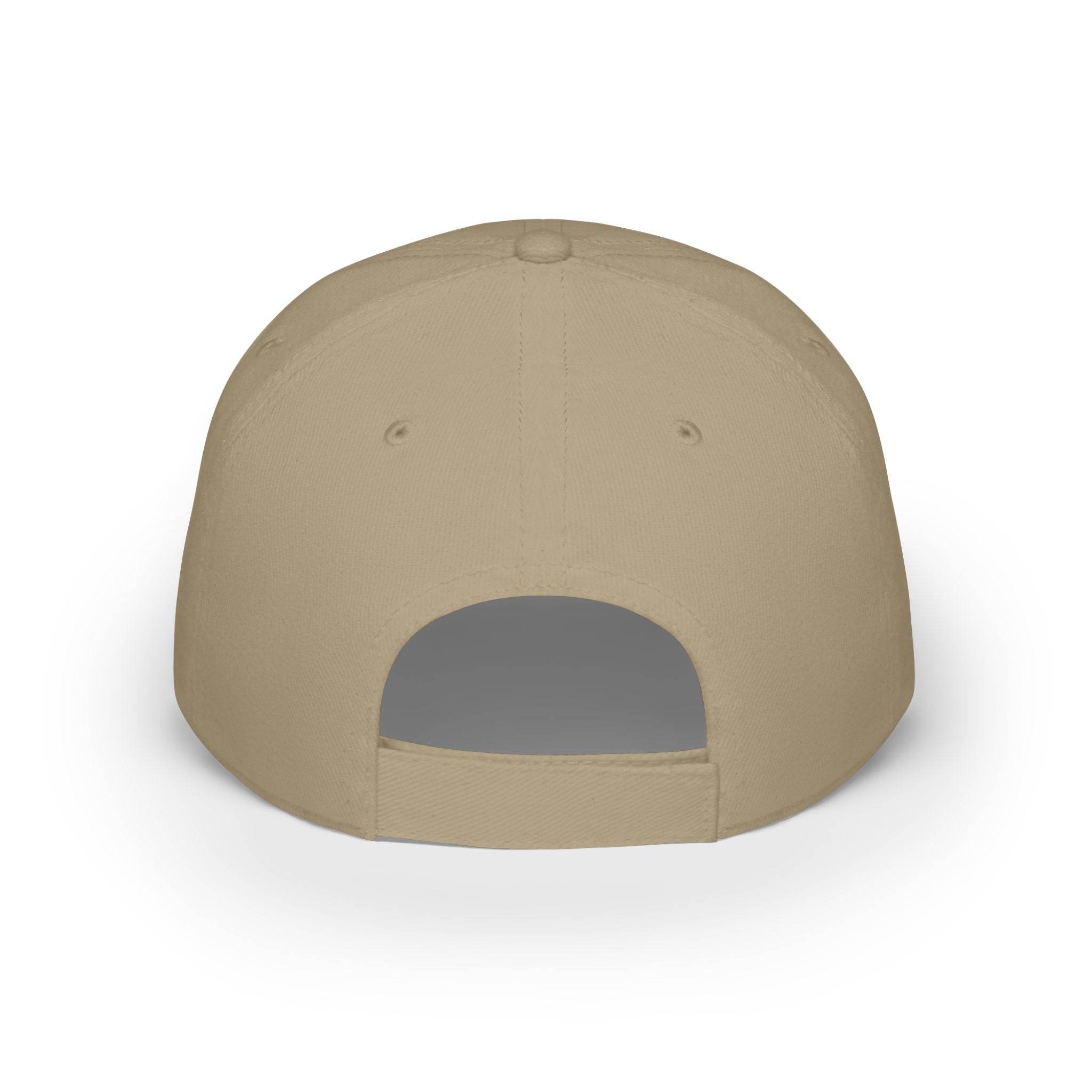 Back view of beige eco-friendly baseball cap with adjustable strap by Printify