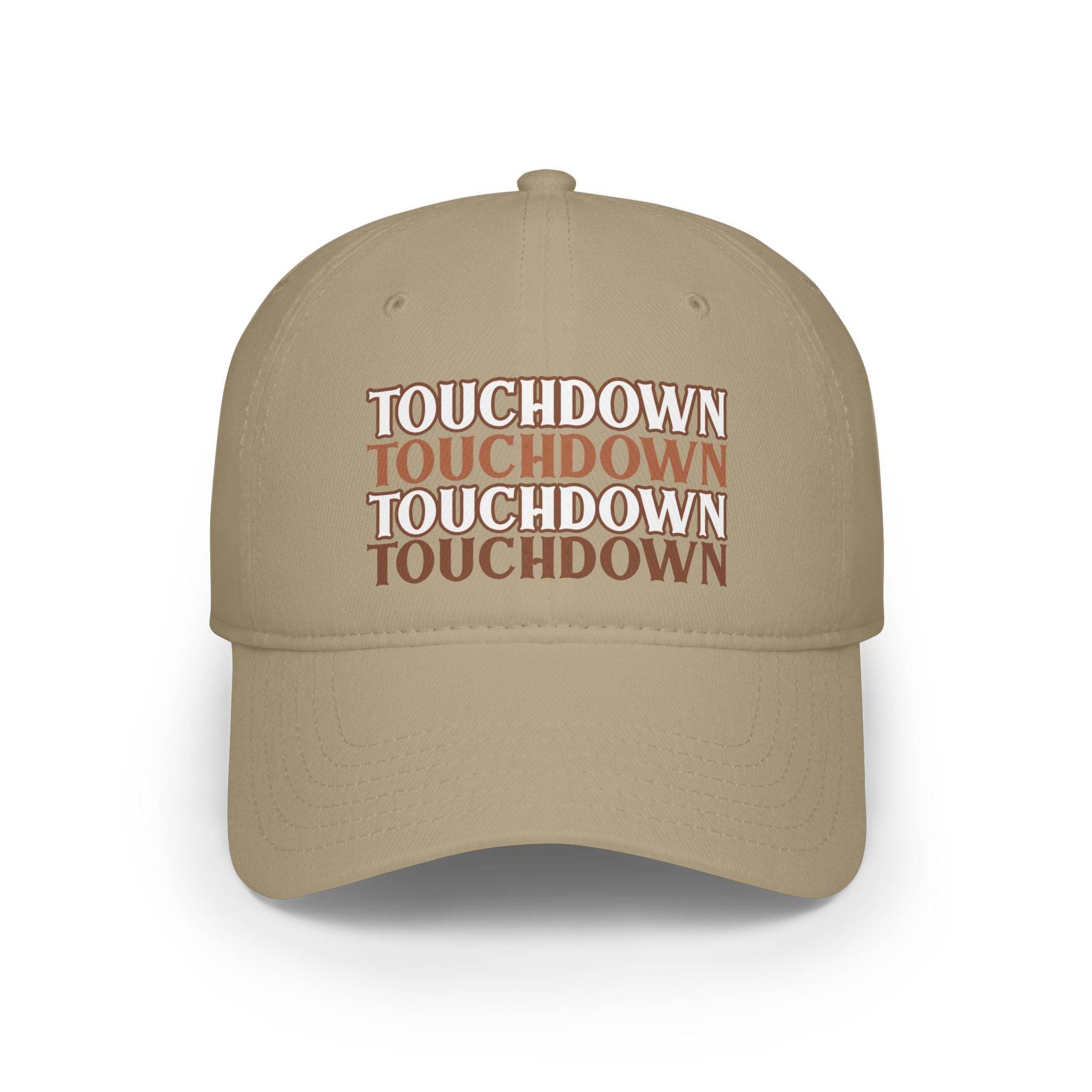 Beige eco-friendly baseball cap with repeated touchdown text design by Printify