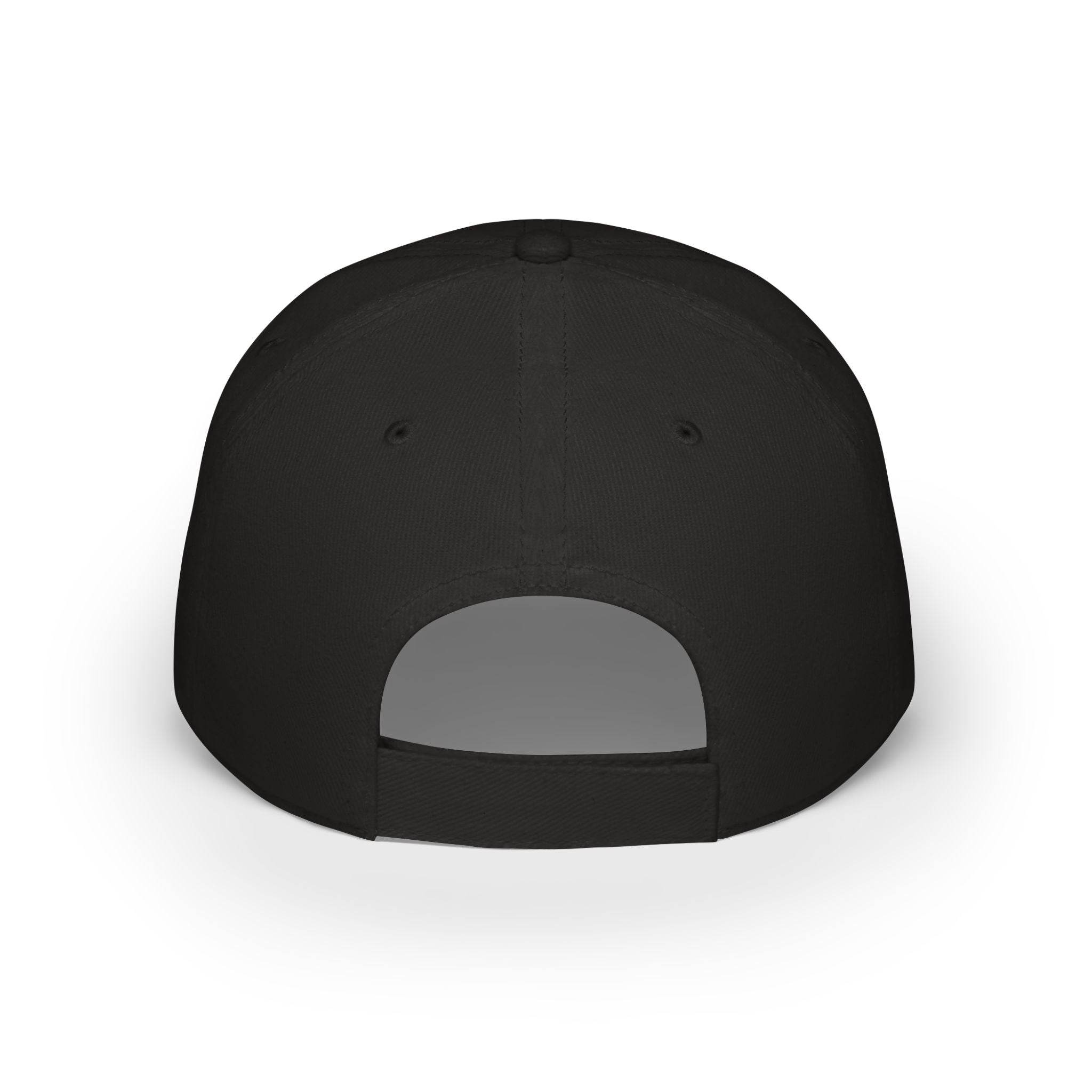 Black eco-friendly baseball cap from Printify shown from the back with adjustable strap