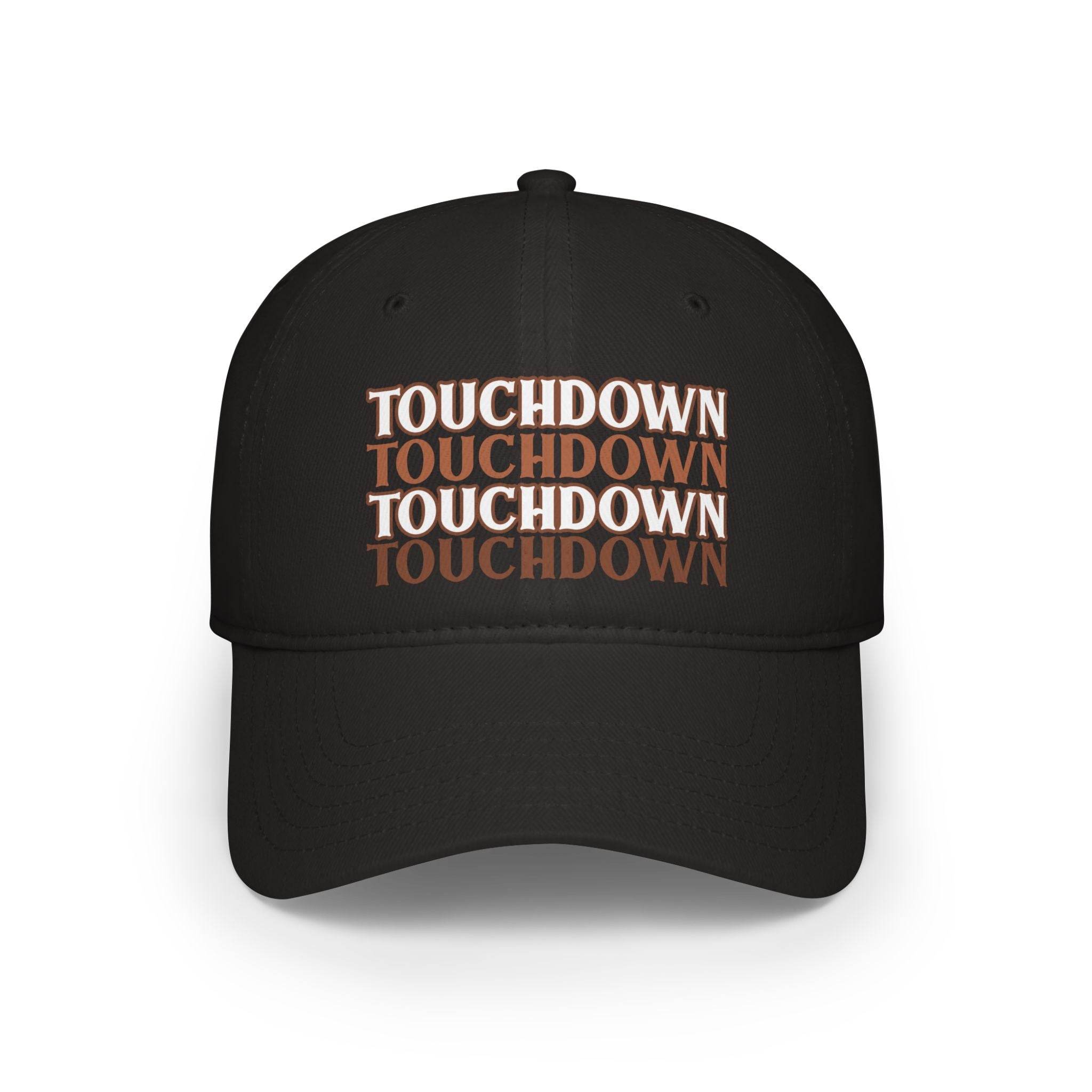 Black eco-friendly baseball cap with repeated touchdown text design printed on front by Printify
