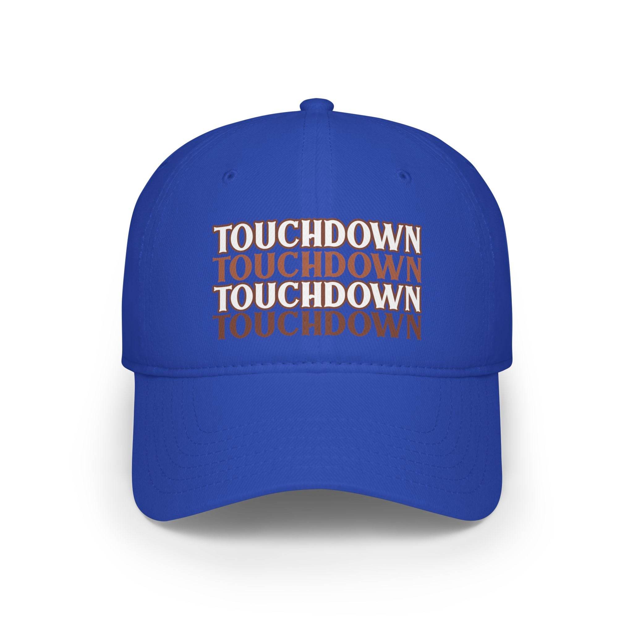 Blue eco-friendly baseball cap by Printify with repeated touchdown text design