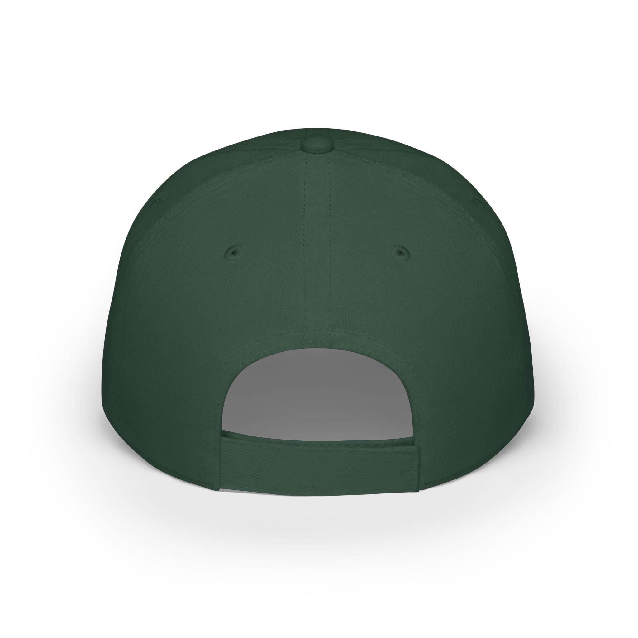 Back view of dark green eco-friendly baseball cap with adjustable strap from Printify