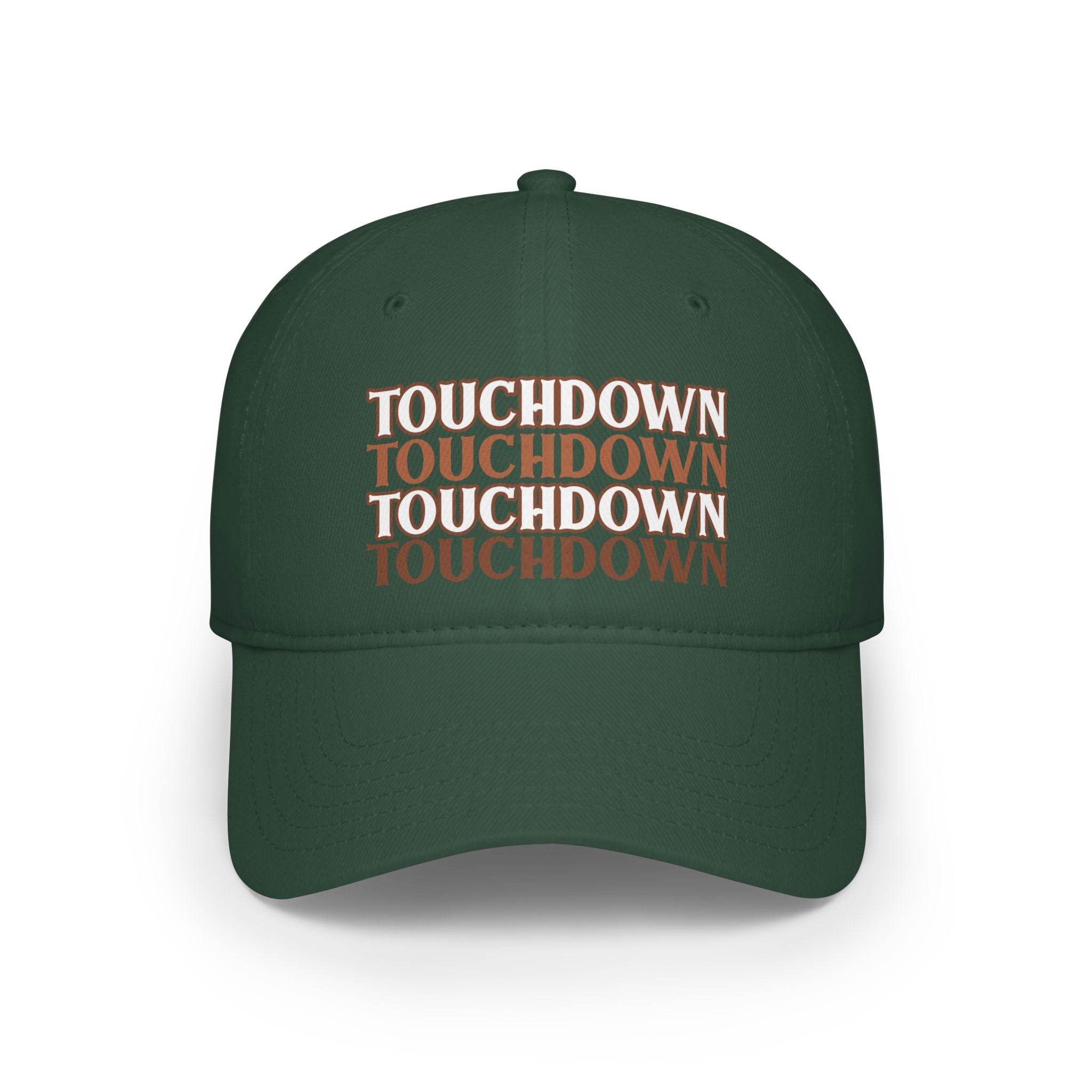 Printify eco-friendly baseball cap in dark green with repeated TOUCHDOWN text design on front
