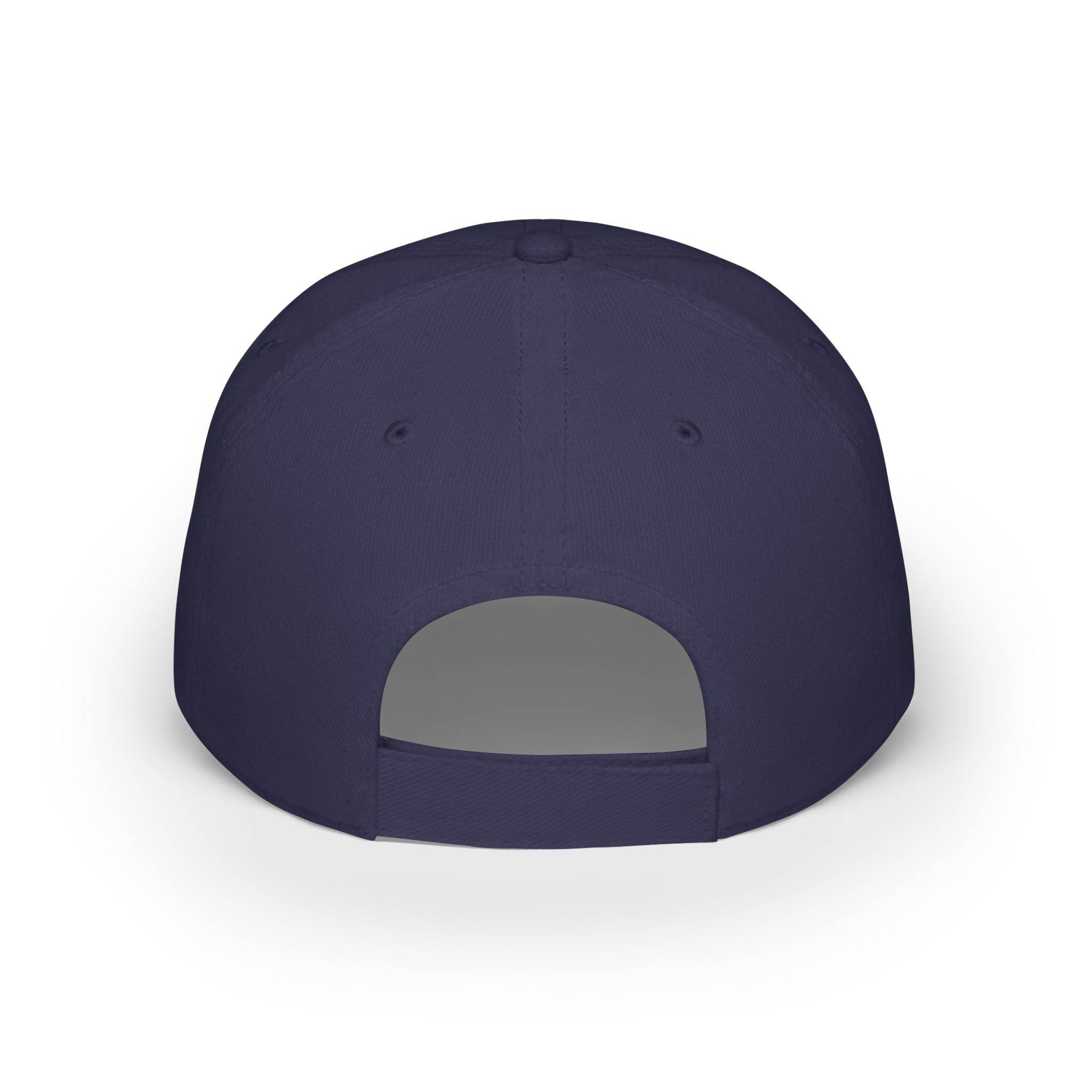 Back view of a navy blue eco-friendly baseball cap from Printify with adjustable strap