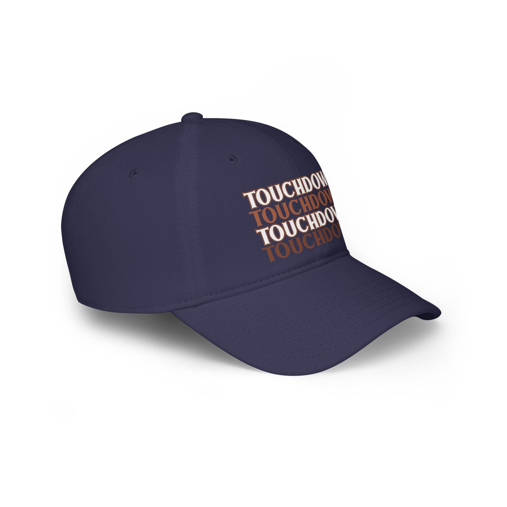 Printify eco-friendly baseball cap in navy blue with repeated touchdown text design
