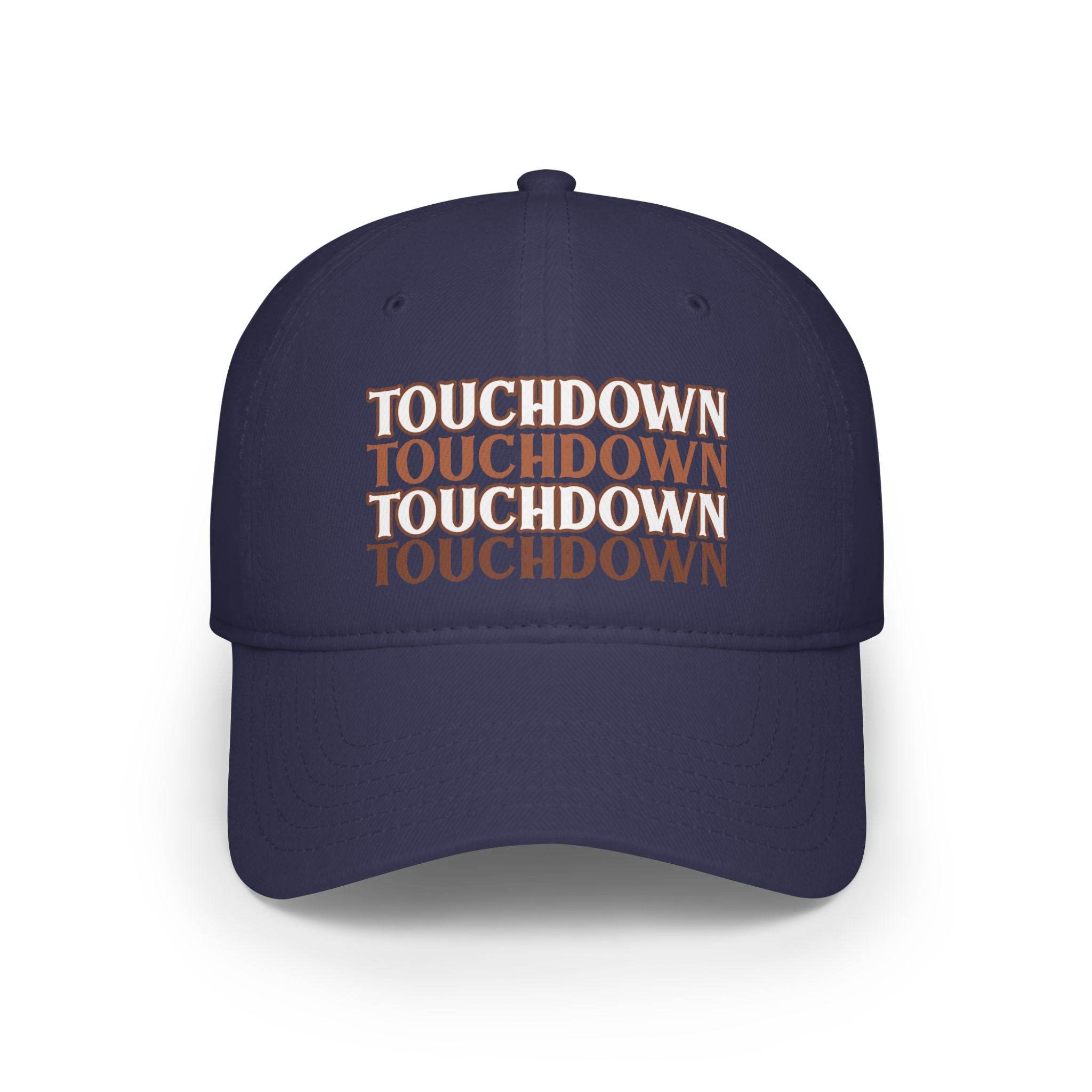 Printify navy eco-friendly baseball cap with repeated touchdown text design