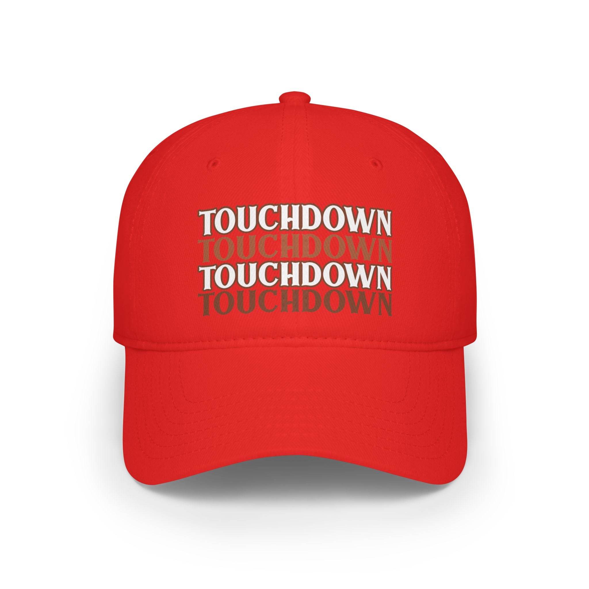 Red eco-friendly baseball cap by Printify with repeated touchdown text design on front