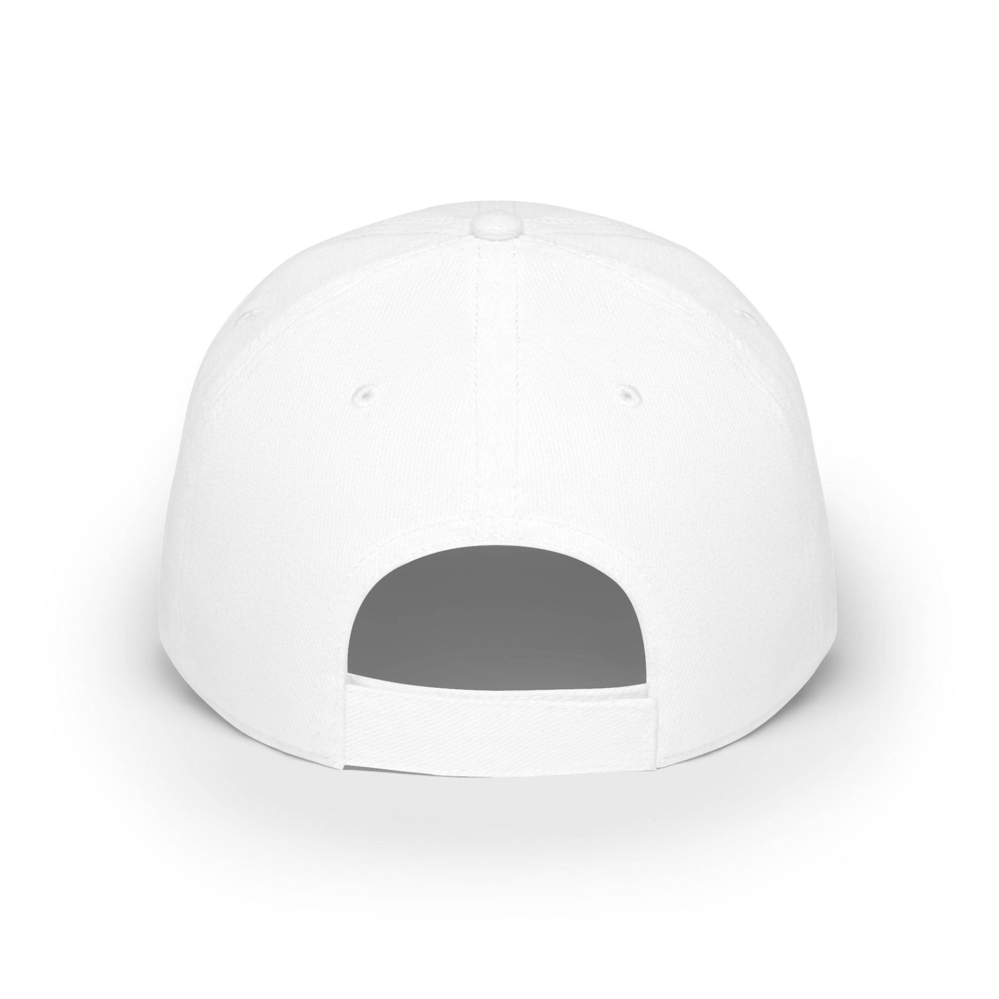 Back view of white eco-friendly baseball cap with adjustable strap from Printify