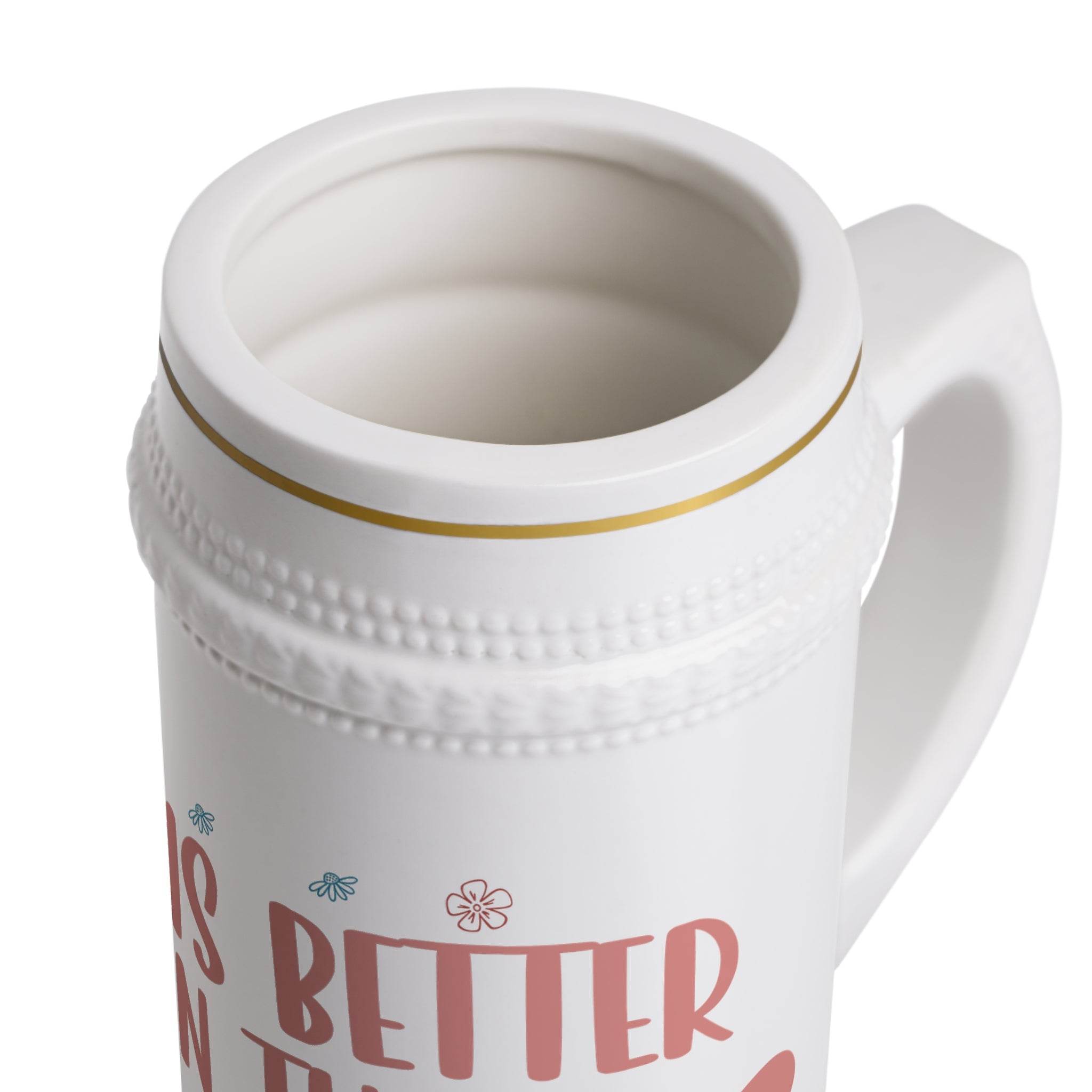 Printify eco-friendly beer stein mug with white ceramic finish and decorative embossed details
