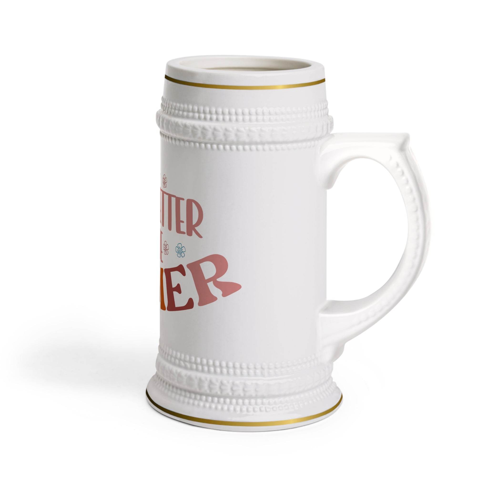 Printify eco-friendly beer stein with white ceramic finish and decorative gold trim handle