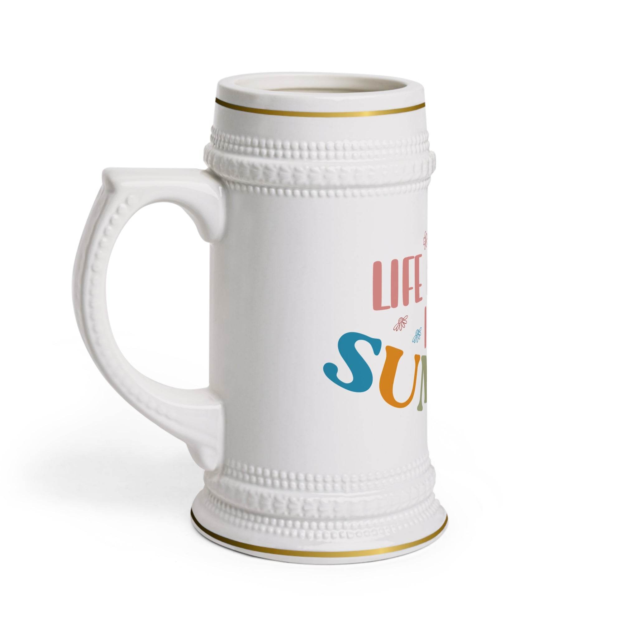 Printify white eco-friendly beer stein mug with decorative gold trim and textured handle