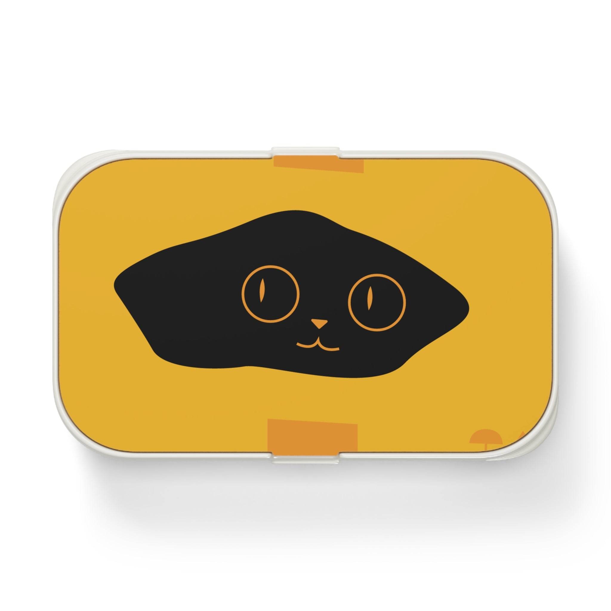 Printify eco-friendly bento lunch box with cute black cat design on yellow background