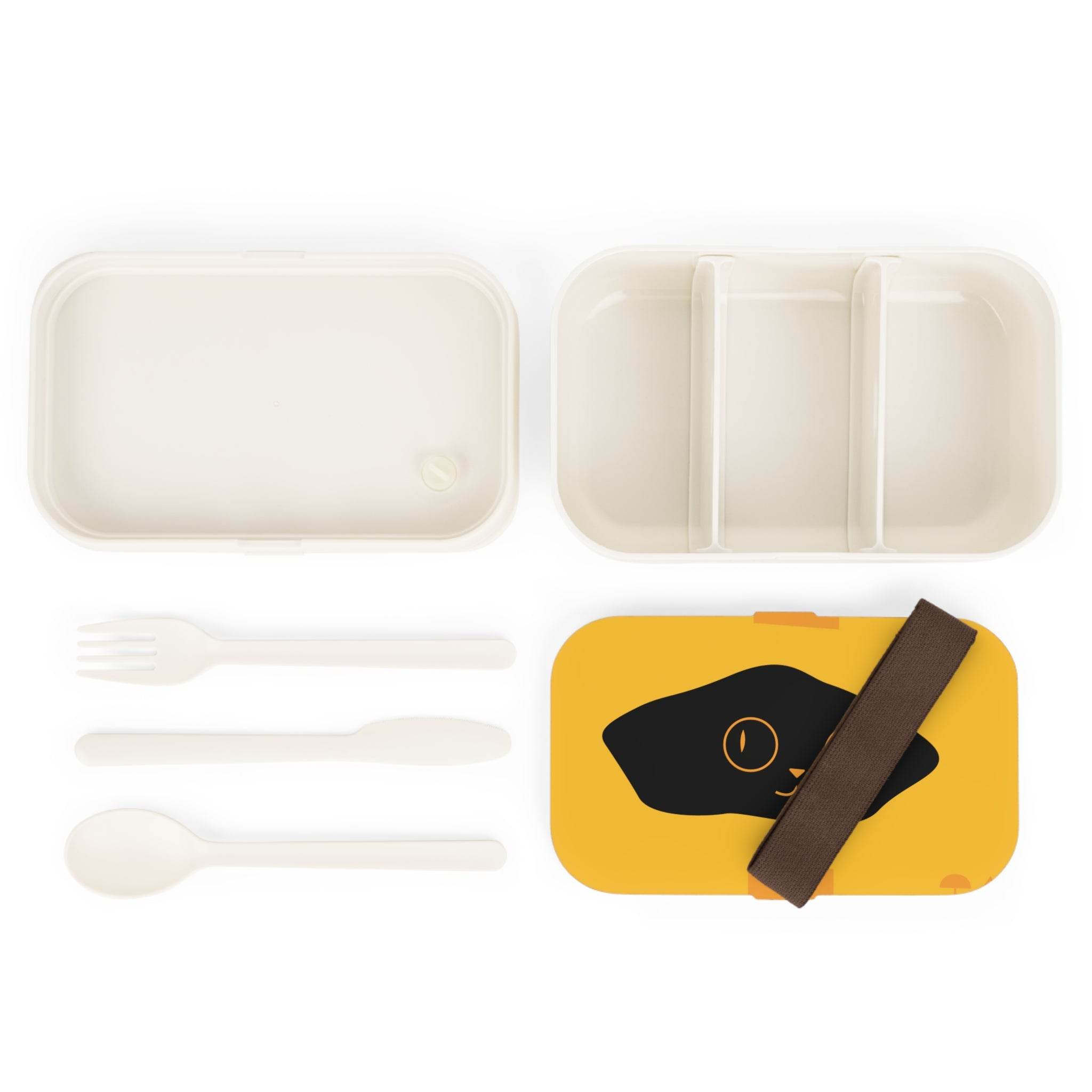 Printify eco-friendly bento lunch box with yellow cat design, utensils, and three compartments