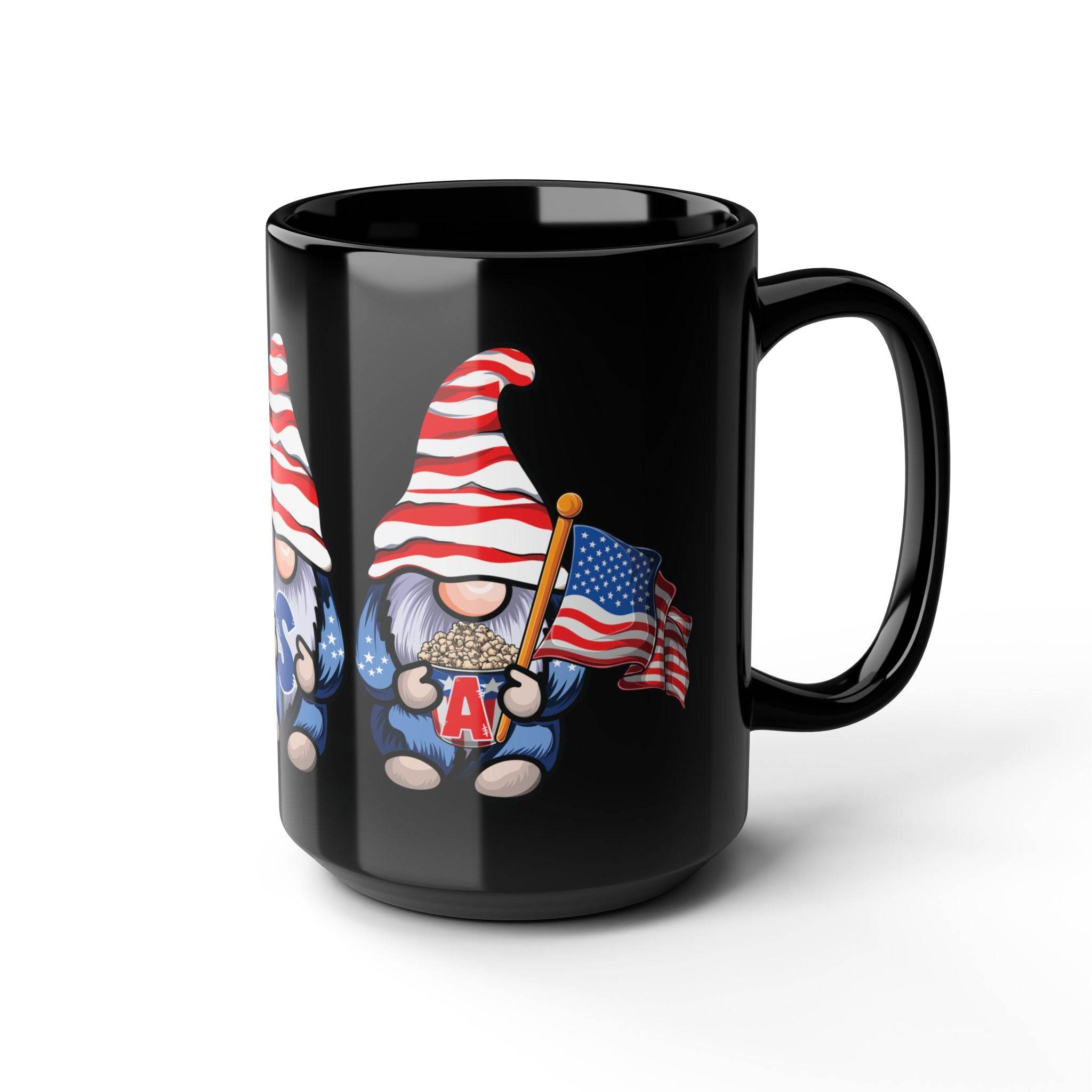 Printify eco-friendly black mug featuring a gnome with a red and white striped hat holding an American flag