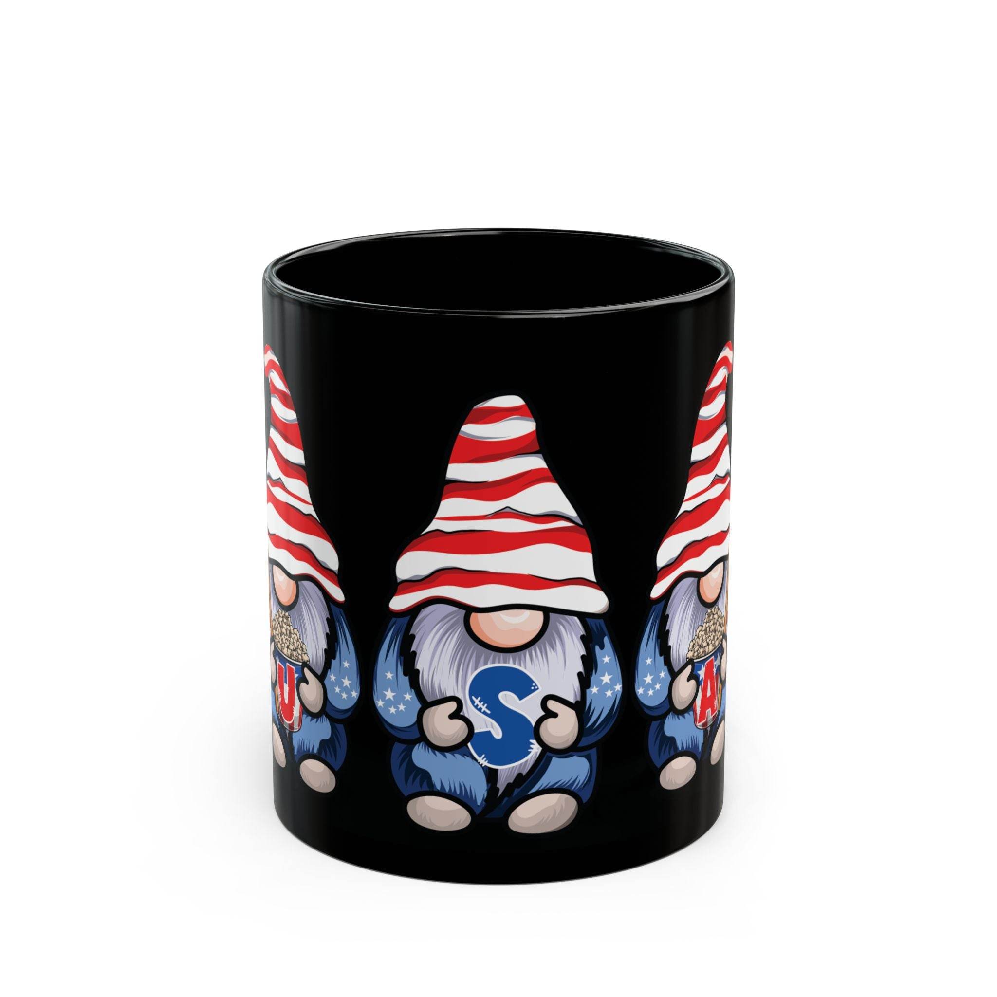 Printify eco-friendly black mug featuring cartoon gnomes with red and white hats holding letters