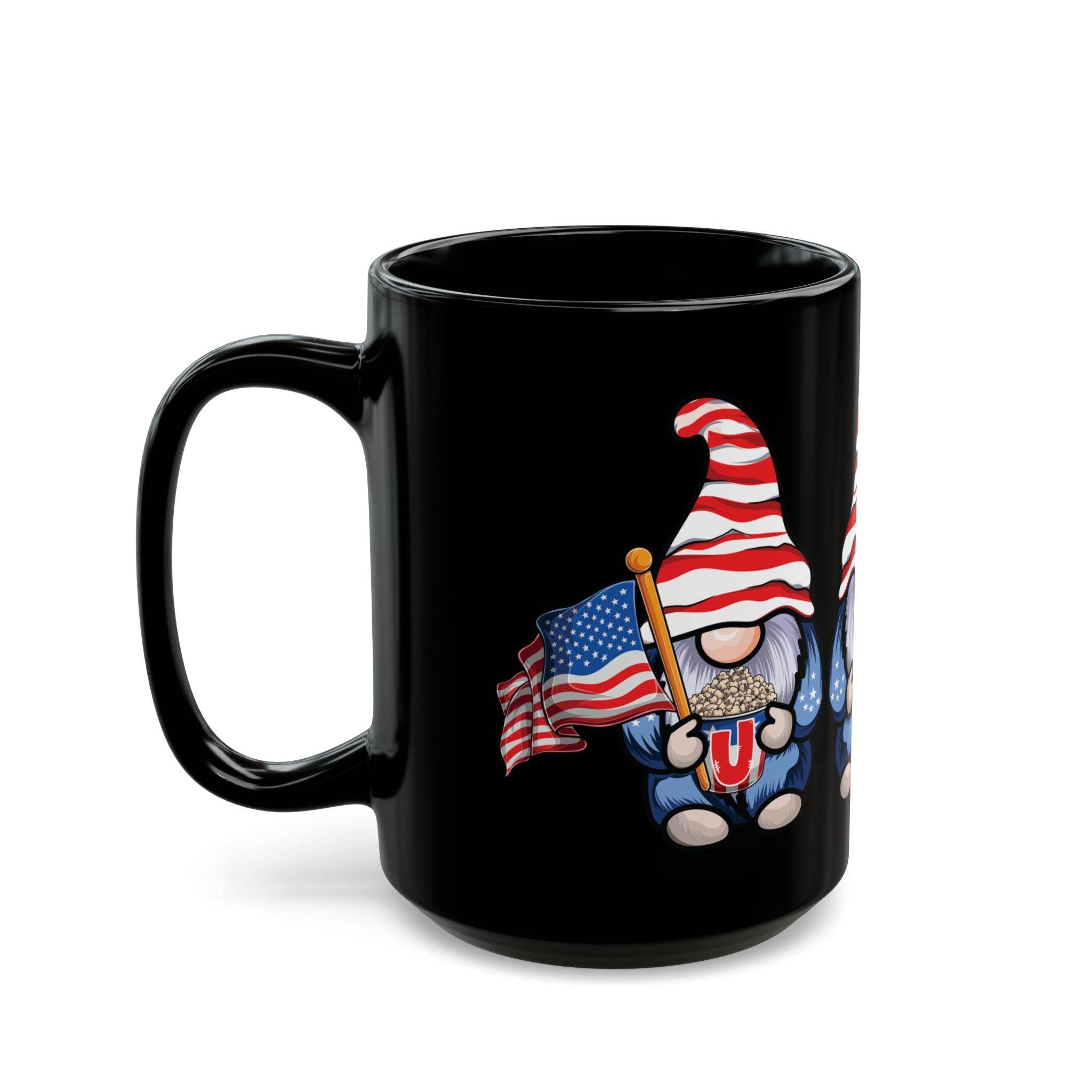 Printify eco-friendly black mug featuring a gnome holding an American flag with a red and white striped hat design