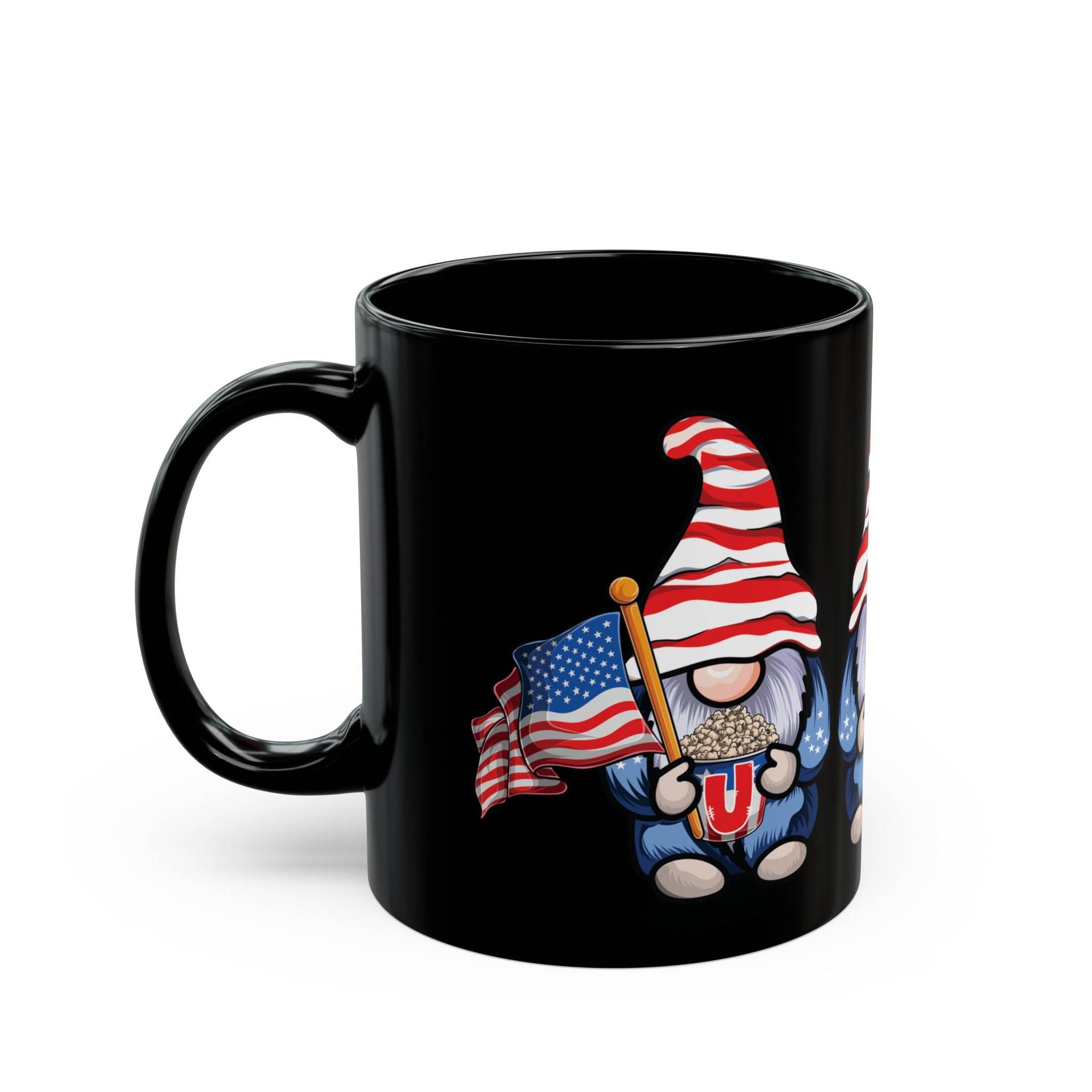 Eco-friendly black mug by Printify featuring a gnome with American flag and red striped hat
