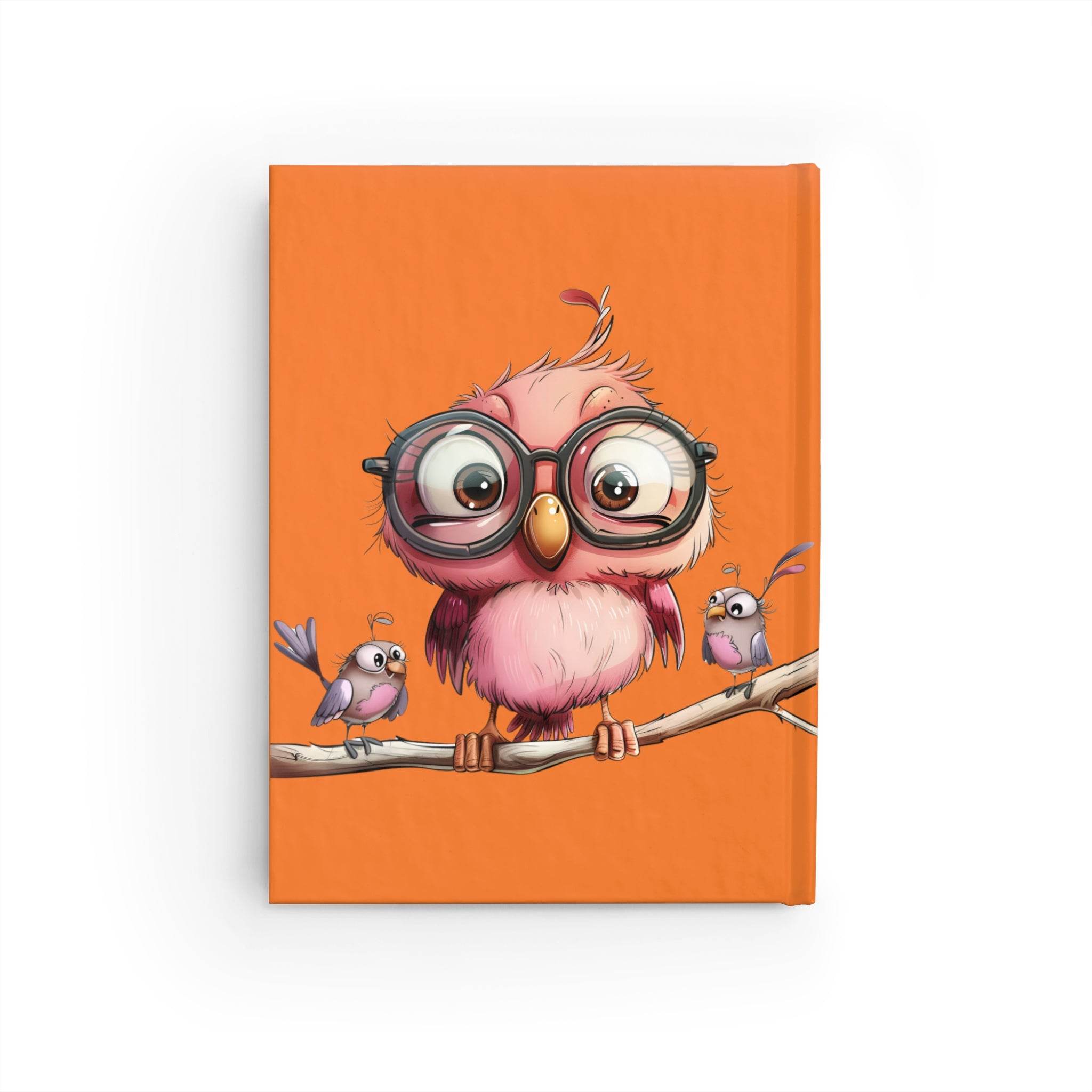 Printify eco-friendly blank journal with cute owl wearing glasses and two small birds on orange cover