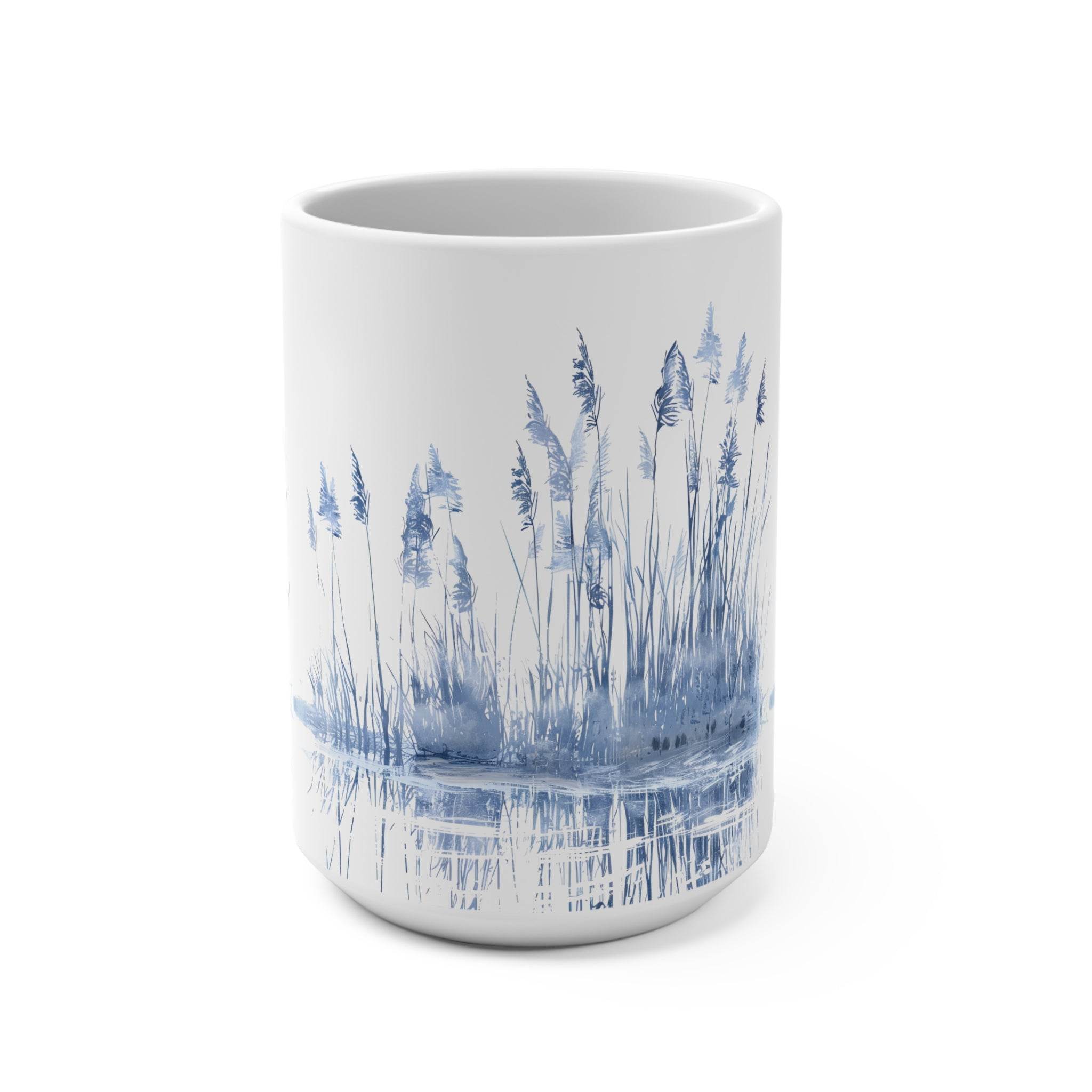 Printify eco-friendly blue landscape mug featuring serene blue reeds and water reflection design