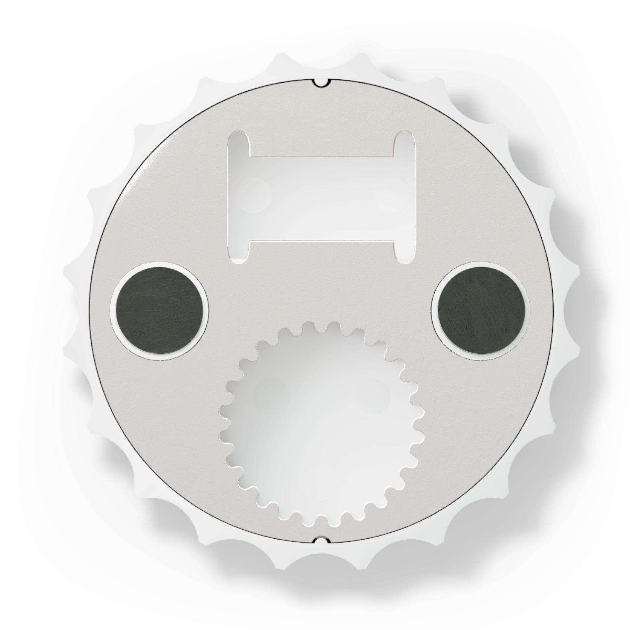 Printify eco-friendly bottle opener designed as a round, gear-shaped kitchen accessory with metal finish