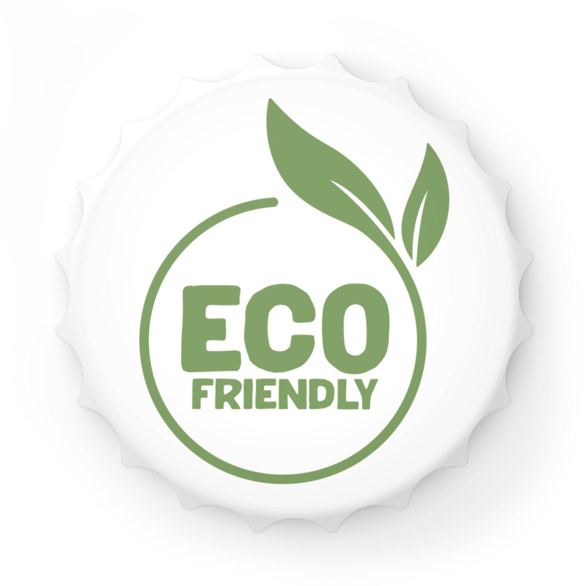 Eco-friendly bottle opener with a white cap design and green eco friendly leaf logo