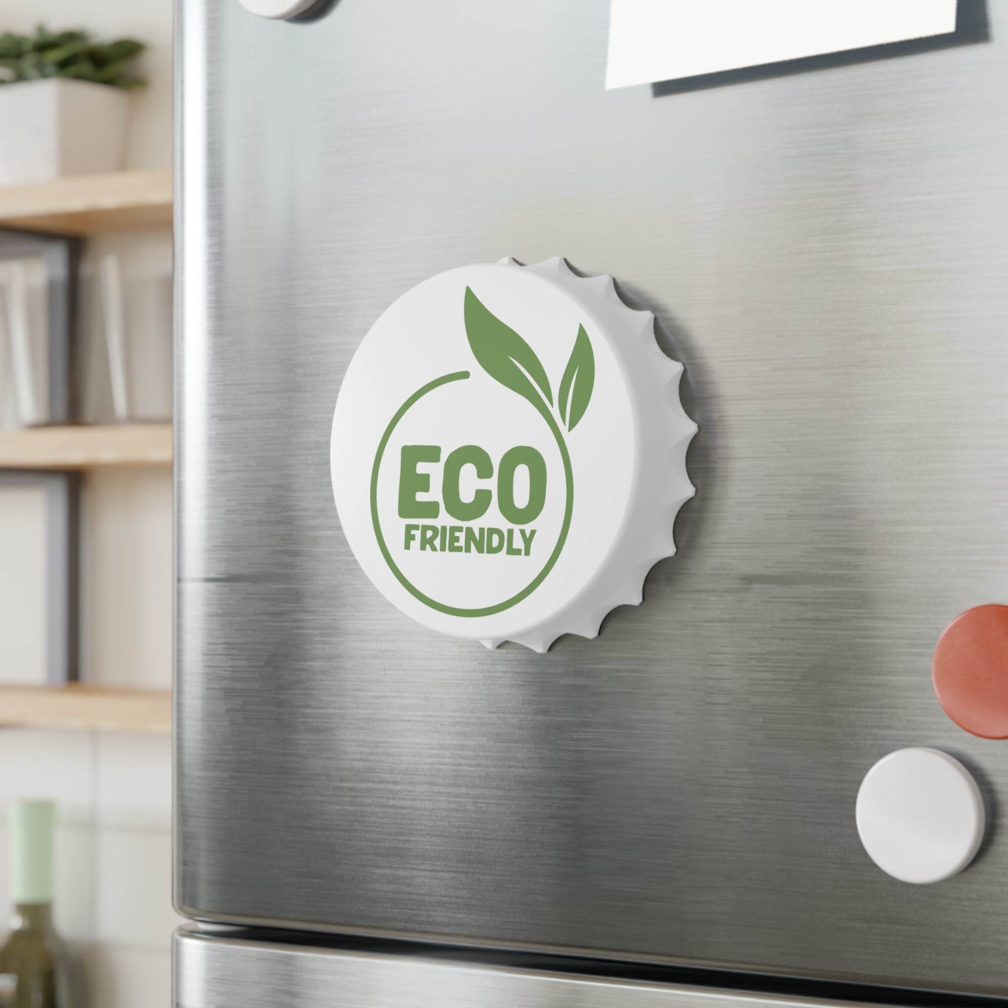 Printify eco-friendly bottle opener magnet shaped like a white bottle cap with green leaf design on refrigerator door