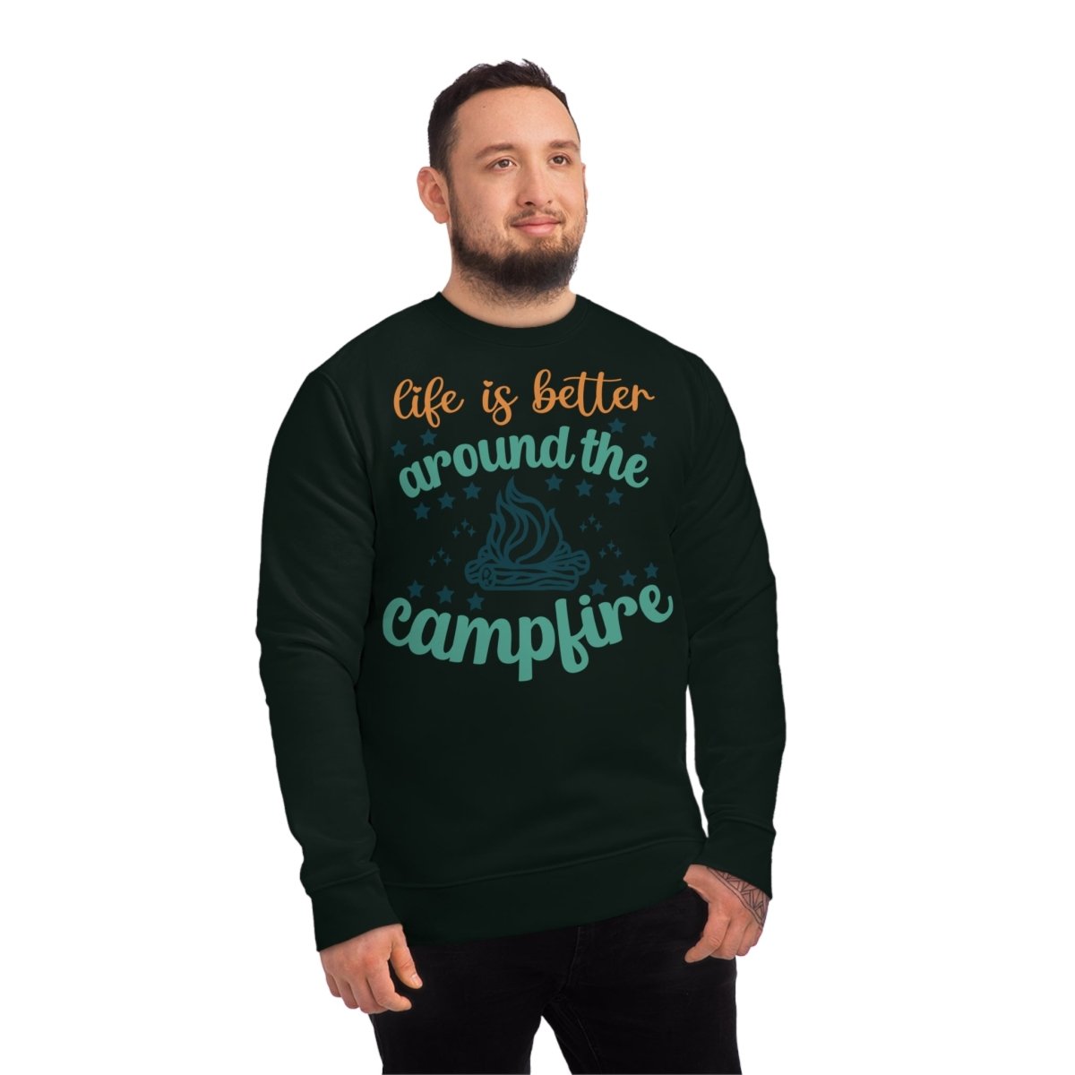 Eco-friendly campfire sweatshirt featuring a campfire graphic and the phrase life is better around the campfire