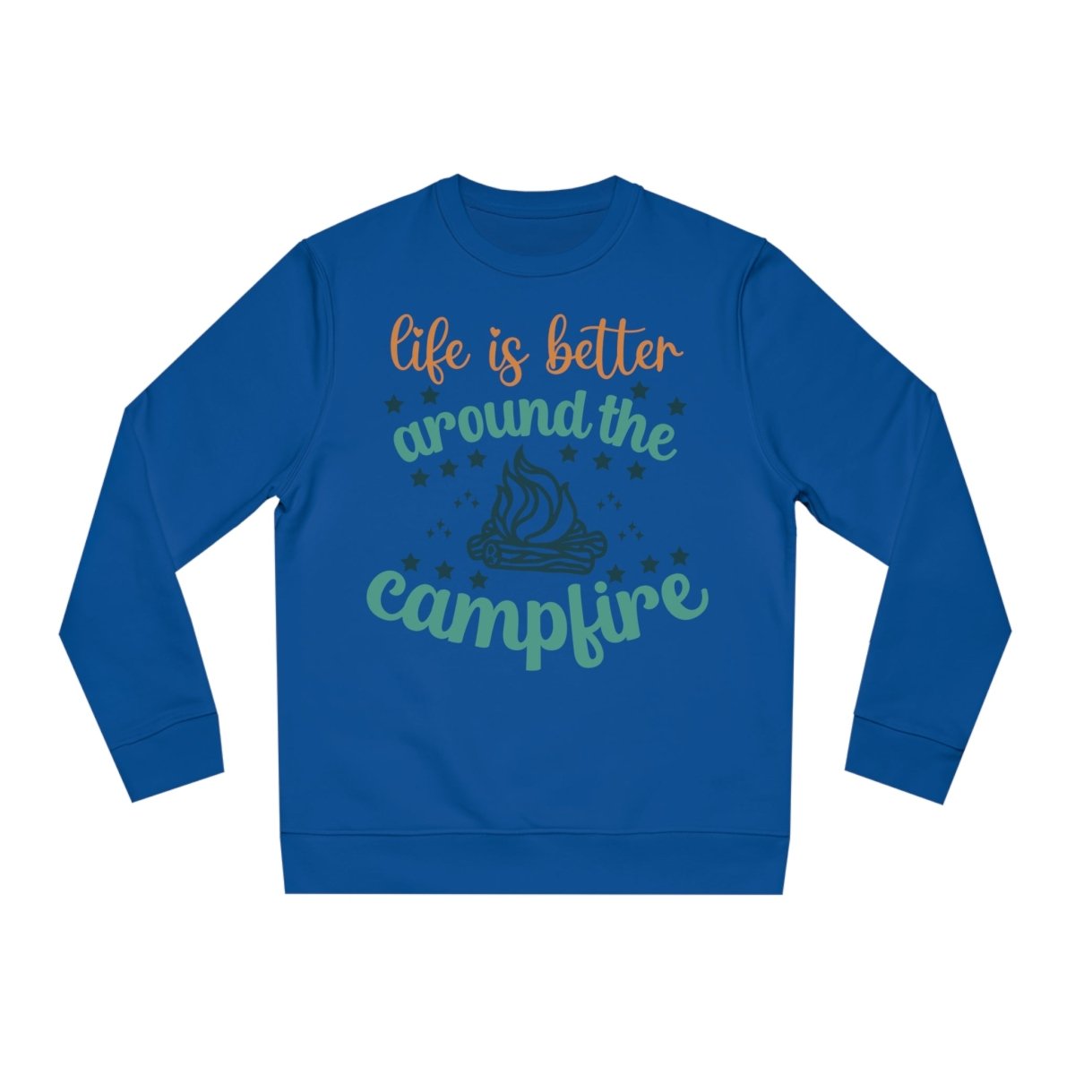 Eco-friendly campfire sweatshirt in blue featuring a campfire graphic with inspirational text