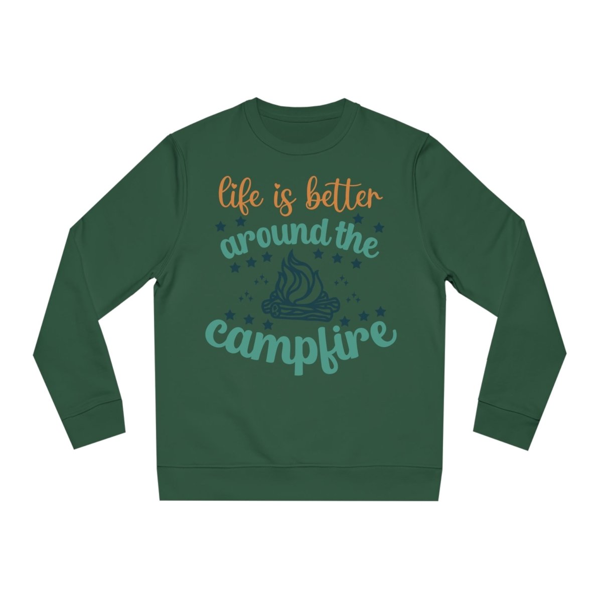 Eco-friendly campfire sweatshirt in green with fun campfire graphic and text about life around the campfire