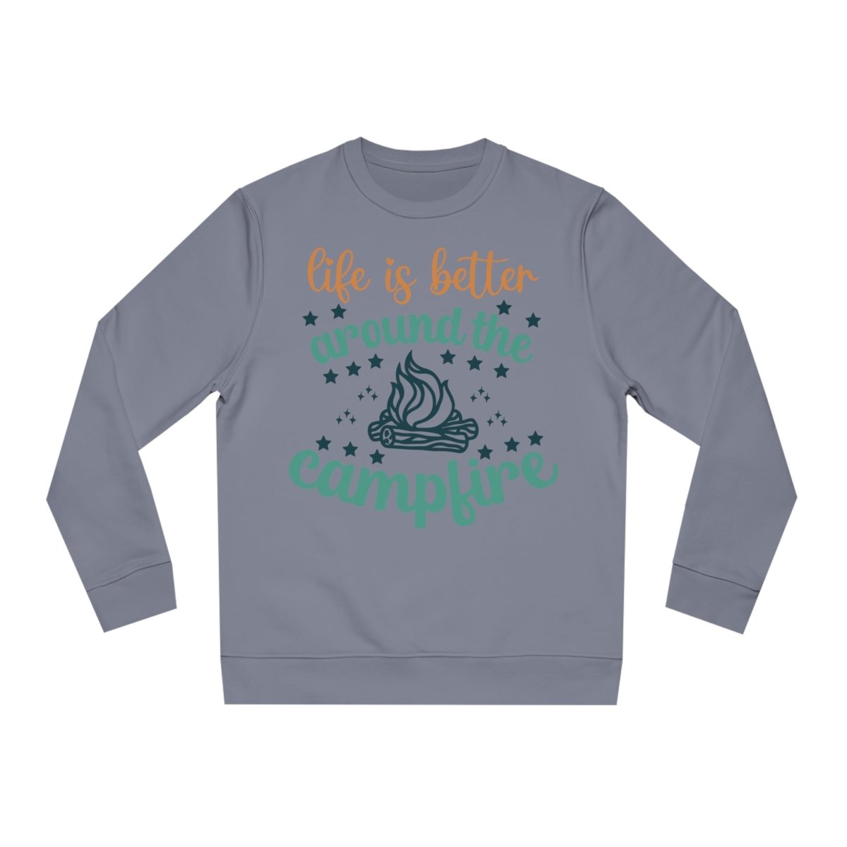 Eco-friendly campfire sweatshirt in gray with vibrant campfire graphics and fun text