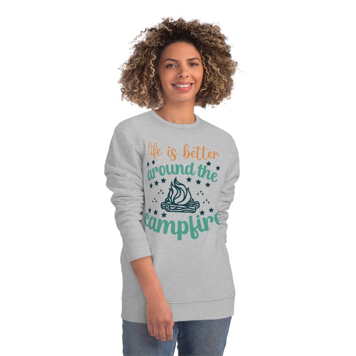 Eco-friendly campfire sweatshirt with a cheerful campfire design and motivational text for outdoor lovers