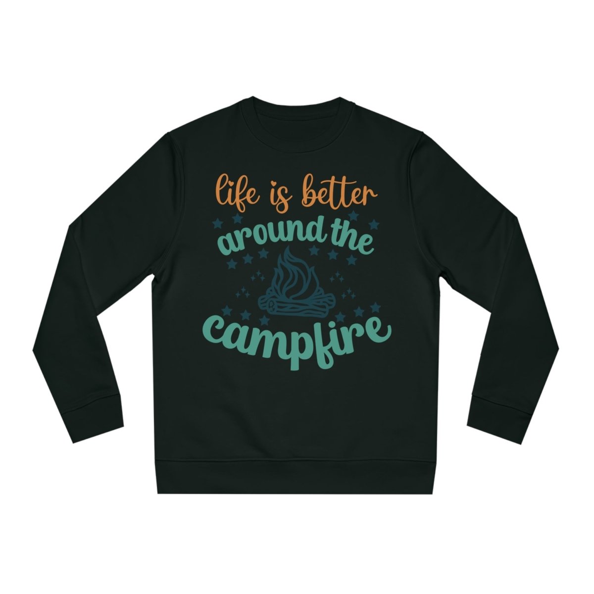 Eco-friendly campfire sweatshirt in black with campfire graphic and inspirational text