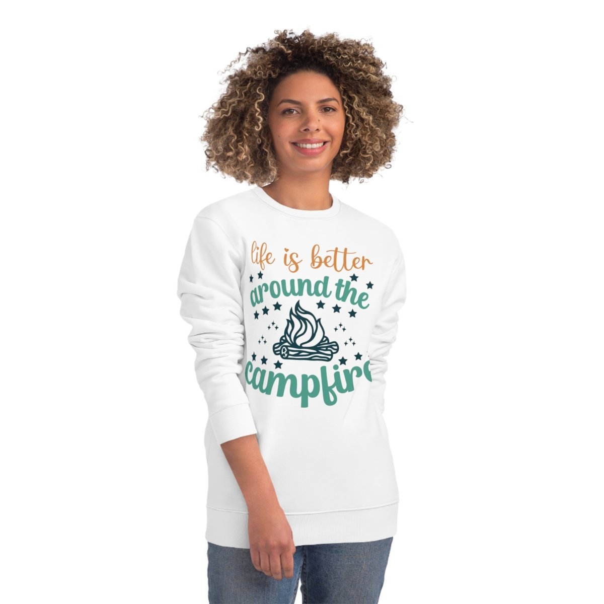 Eco-friendly campfire sweatshirt featuring a playful campfire graphic with the phrase Life is Better Around the Campfire