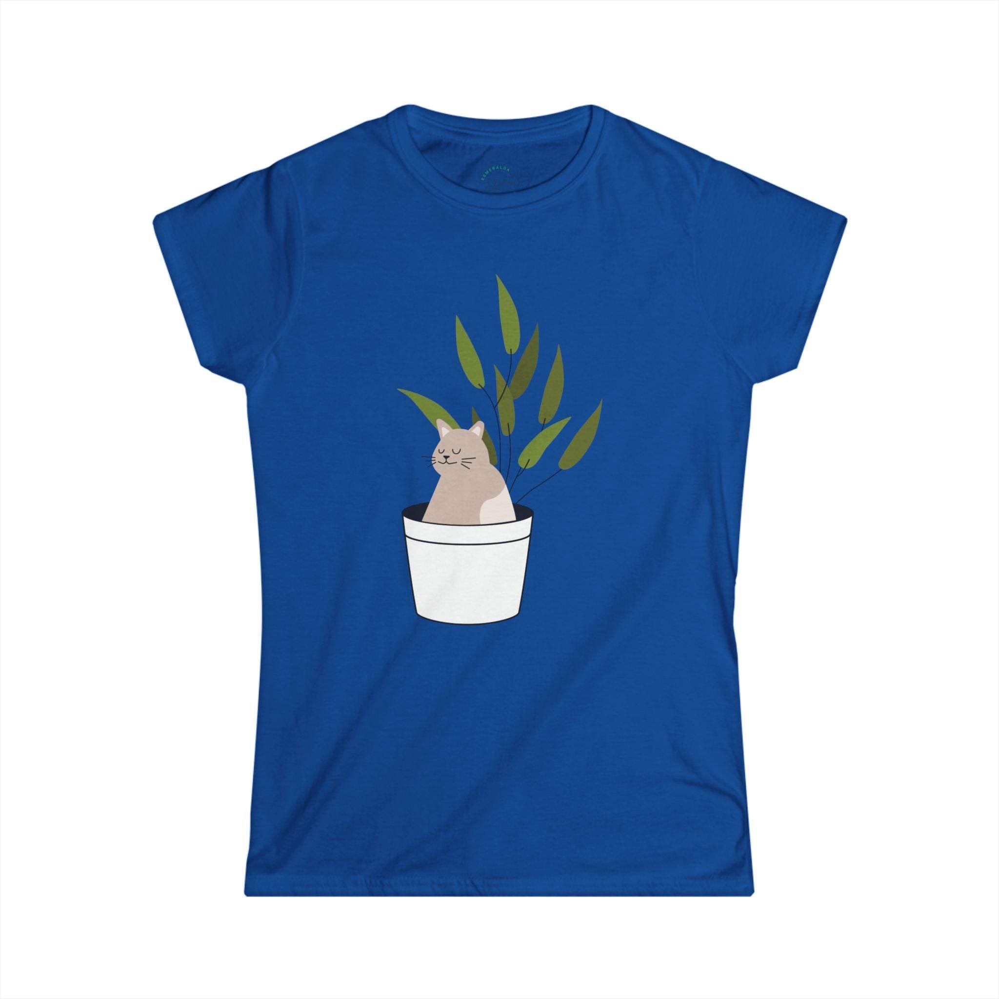 Blue eco-friendly cat lover t-shirt with a cute cat sitting inside a plant pot graphic