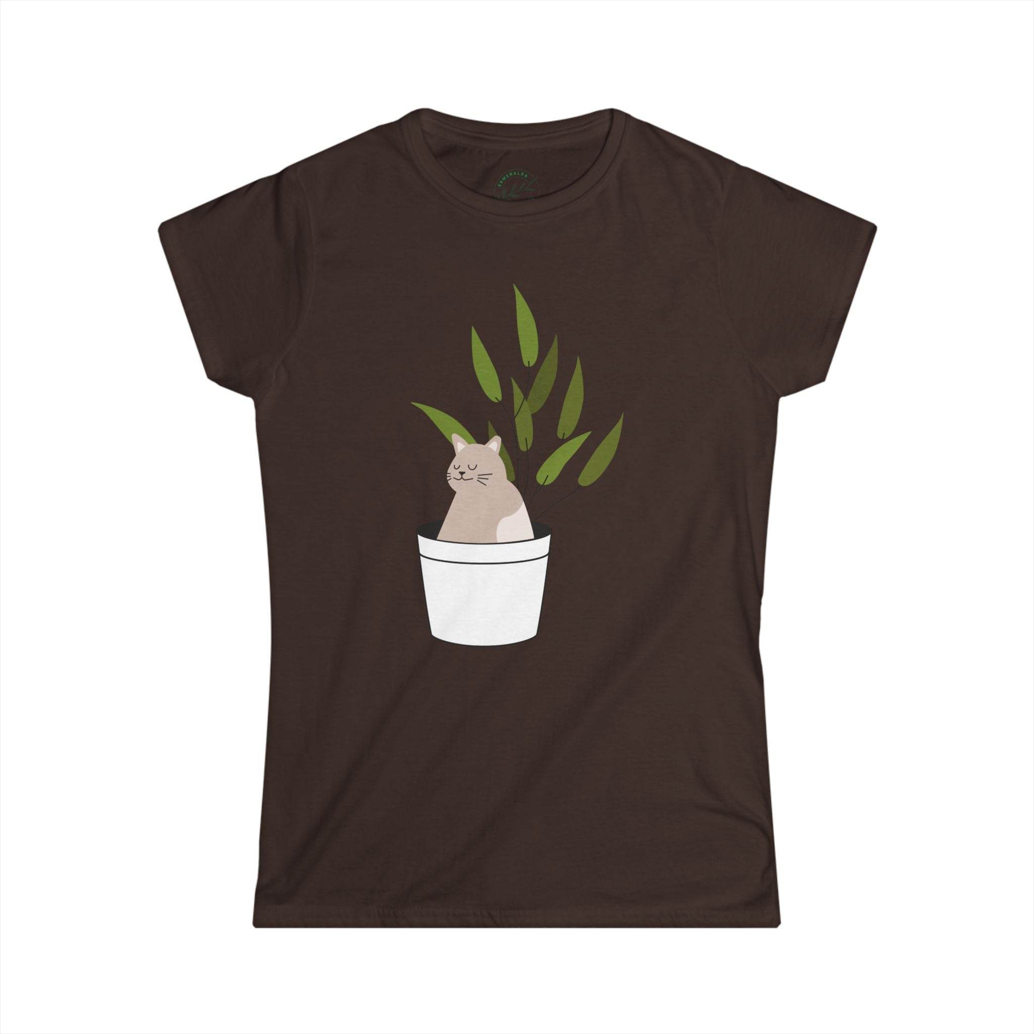 Printify eco-friendly cat lover t-shirt with cat and plant graphic on brown fabric