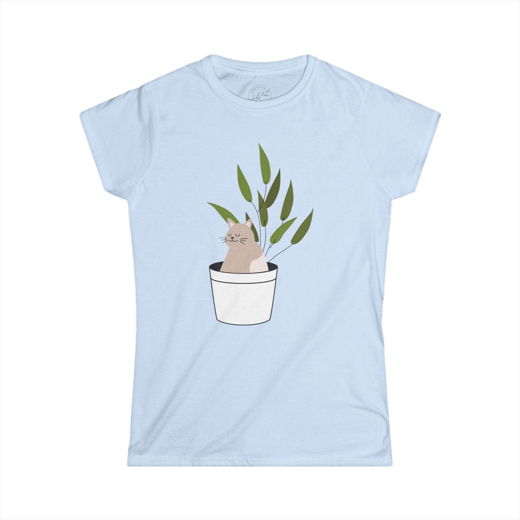 Printify eco-friendly cat lover t-shirt with cat sitting in a potted plant design on light blue fabric