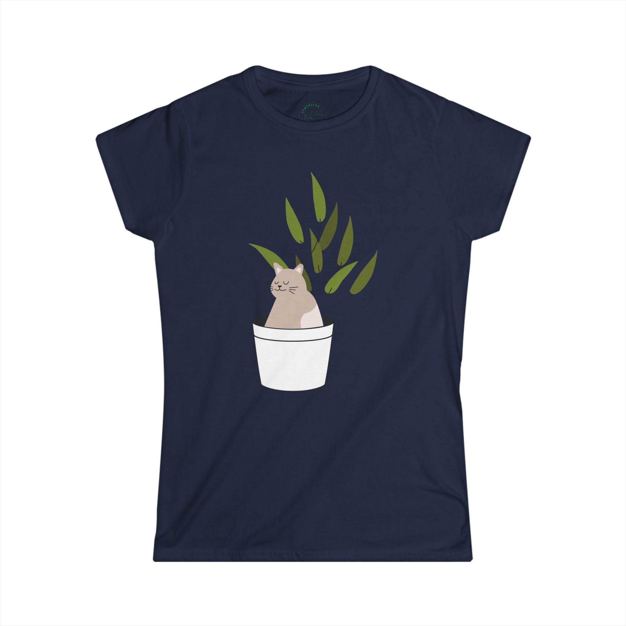 Printify navy eco-friendly cat lover t-shirt with a cute cat and plant pot graphic