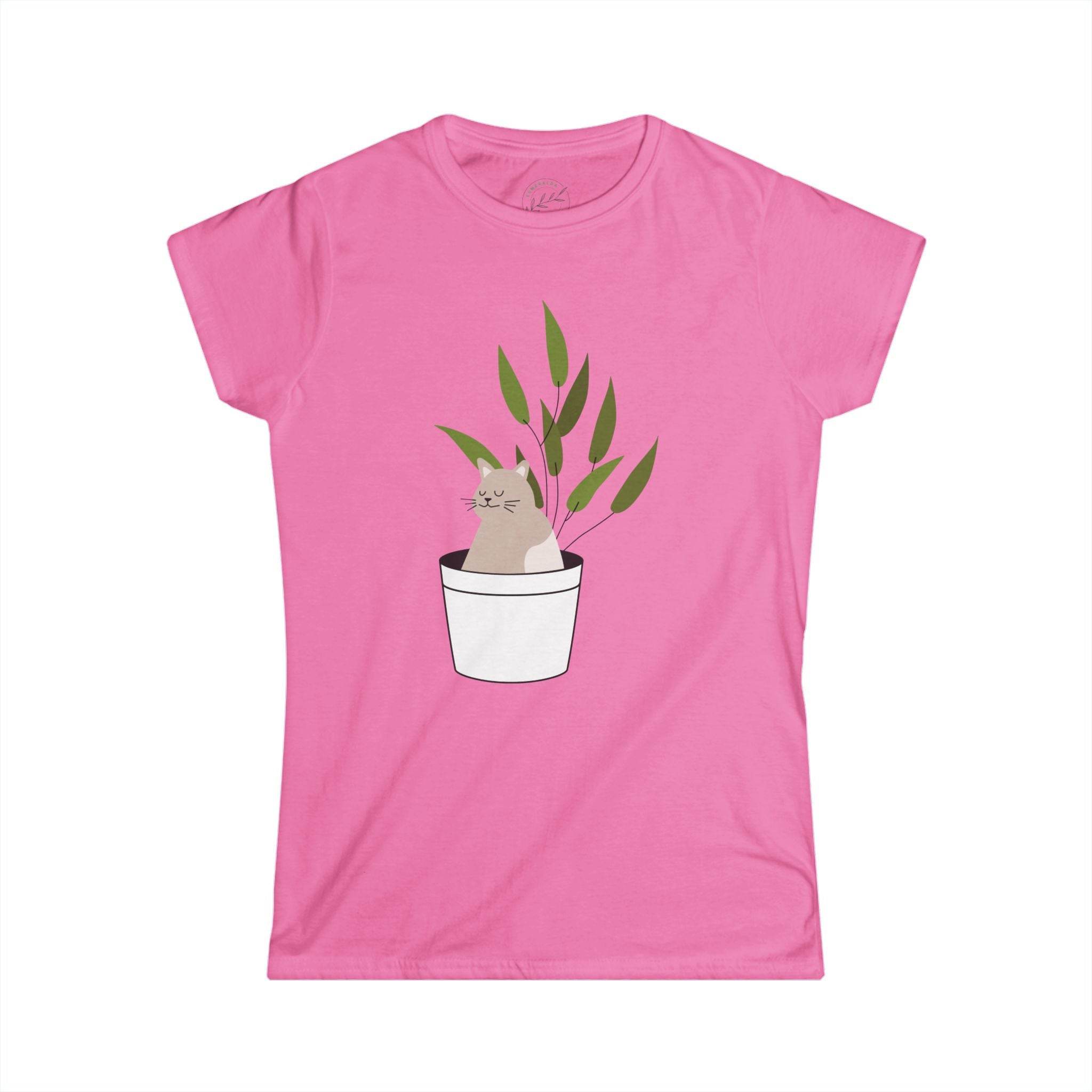 Pink eco-friendly cat lover t-shirt from Printify with cute cat and plant design