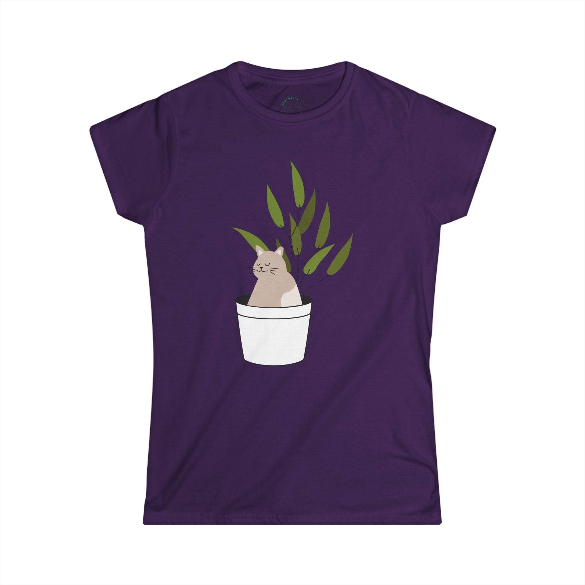 Purple Printify eco-friendly cat lover t-shirt featuring a cat in a white plant pot graphic