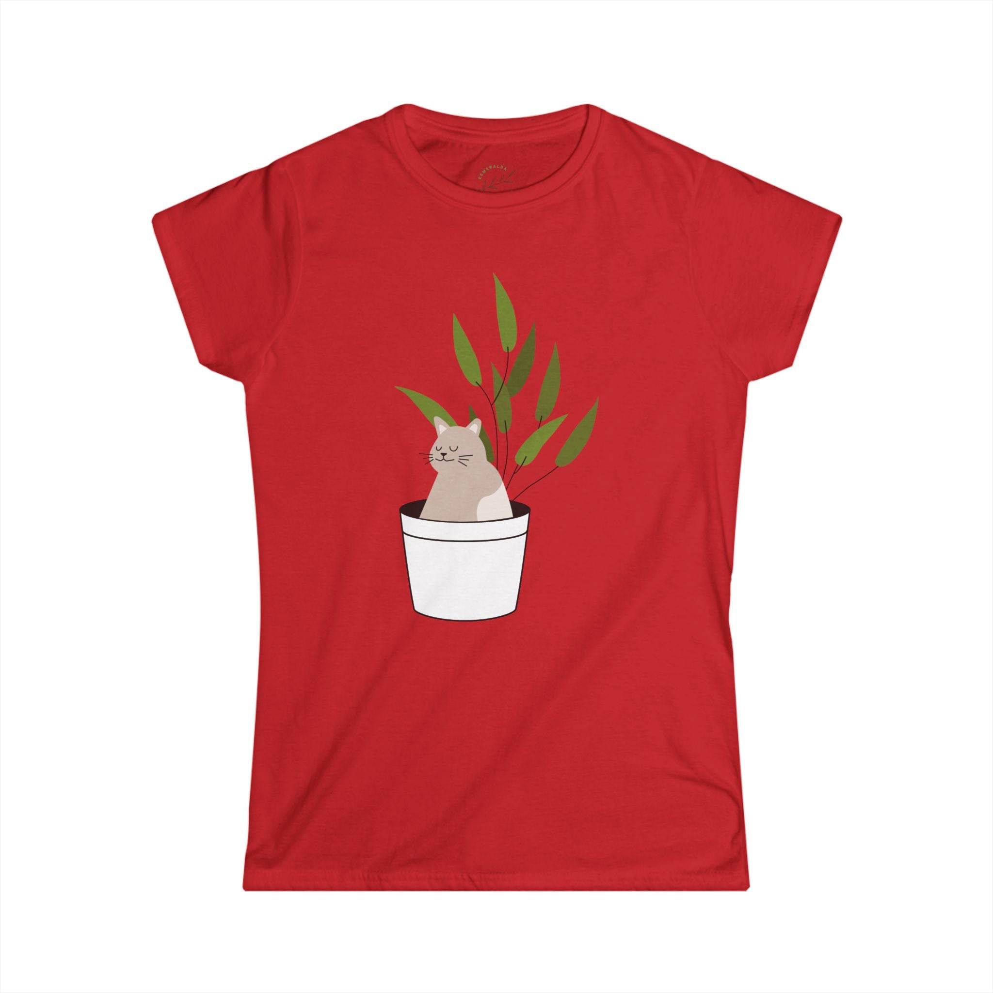 Red eco-friendly cat lover t-shirt from Printify featuring a cat in a plant pot graphic