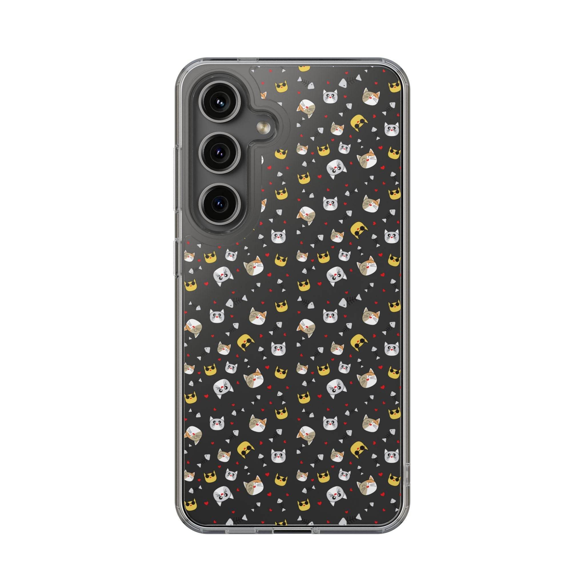 Printify eco-friendly cat phone cases with cute cat faces and crown pattern on clear black background
