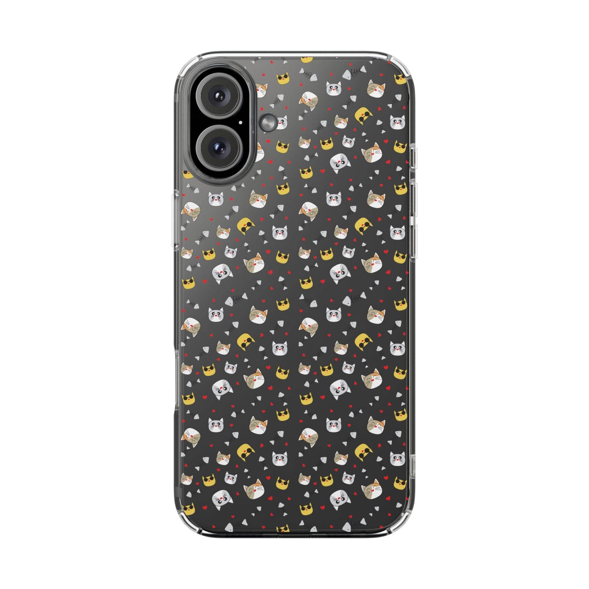 Printify eco-friendly cat phone cases with cute cat faces pattern on clear black background