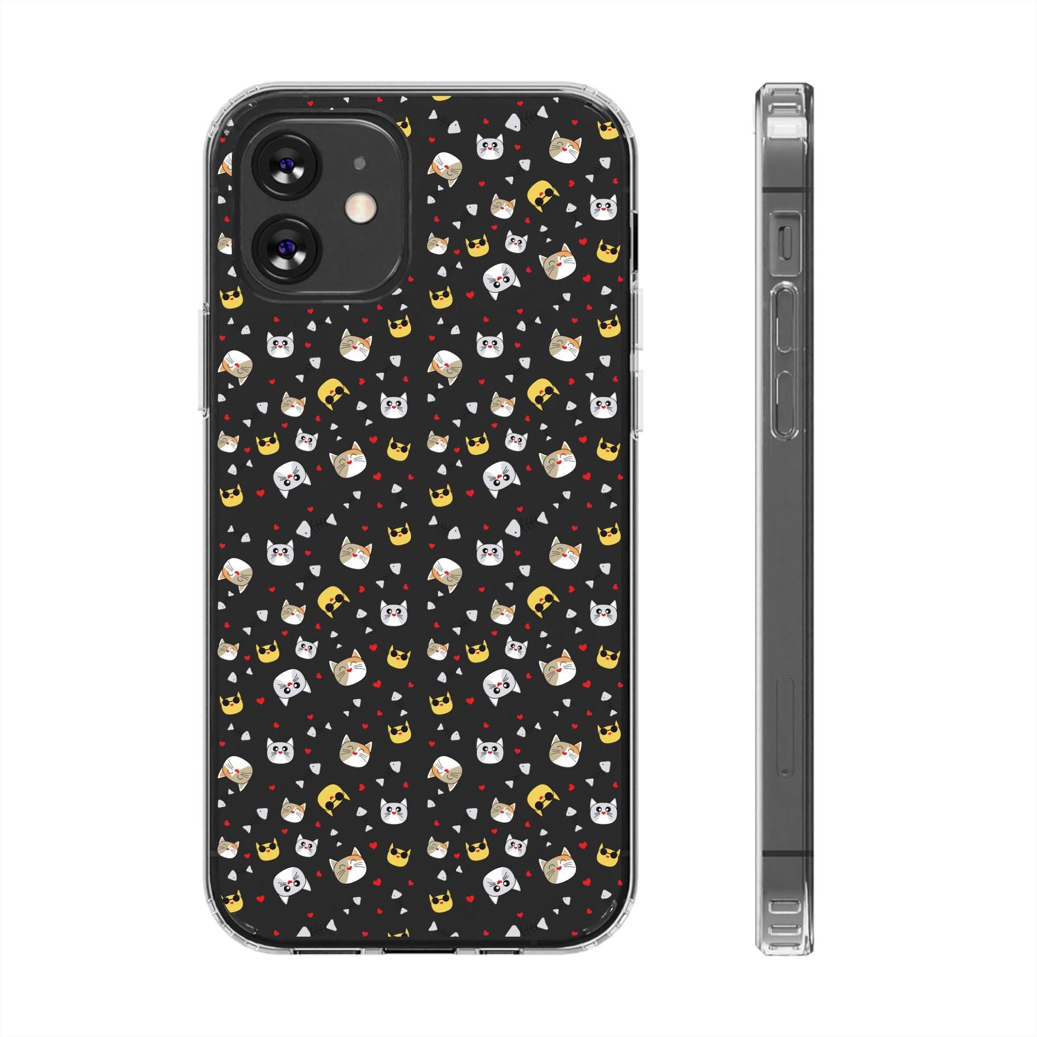 Printify eco-friendly cat phone cases with black background and colorful cat face pattern for eco-conscious users