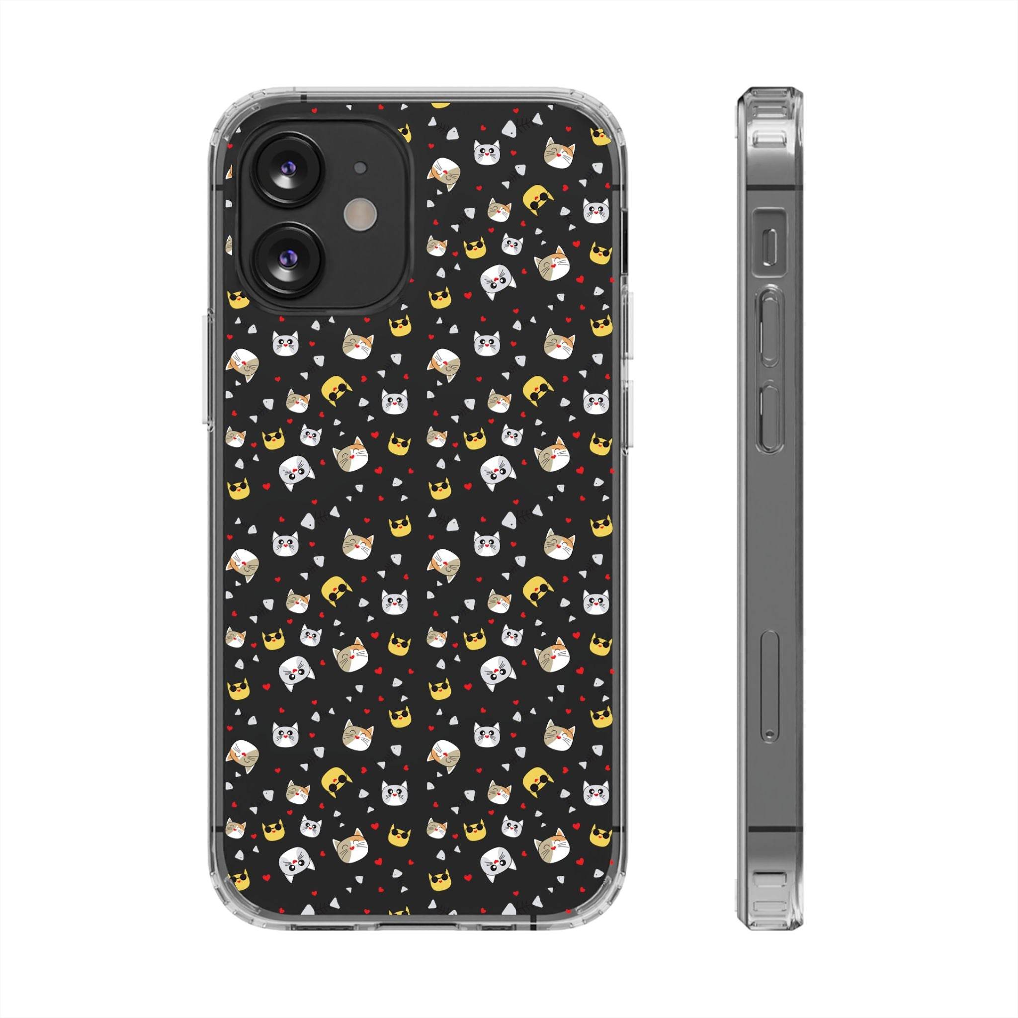 Printify eco-friendly cat phone cases with cute cat faces pattern on black background for iPhone