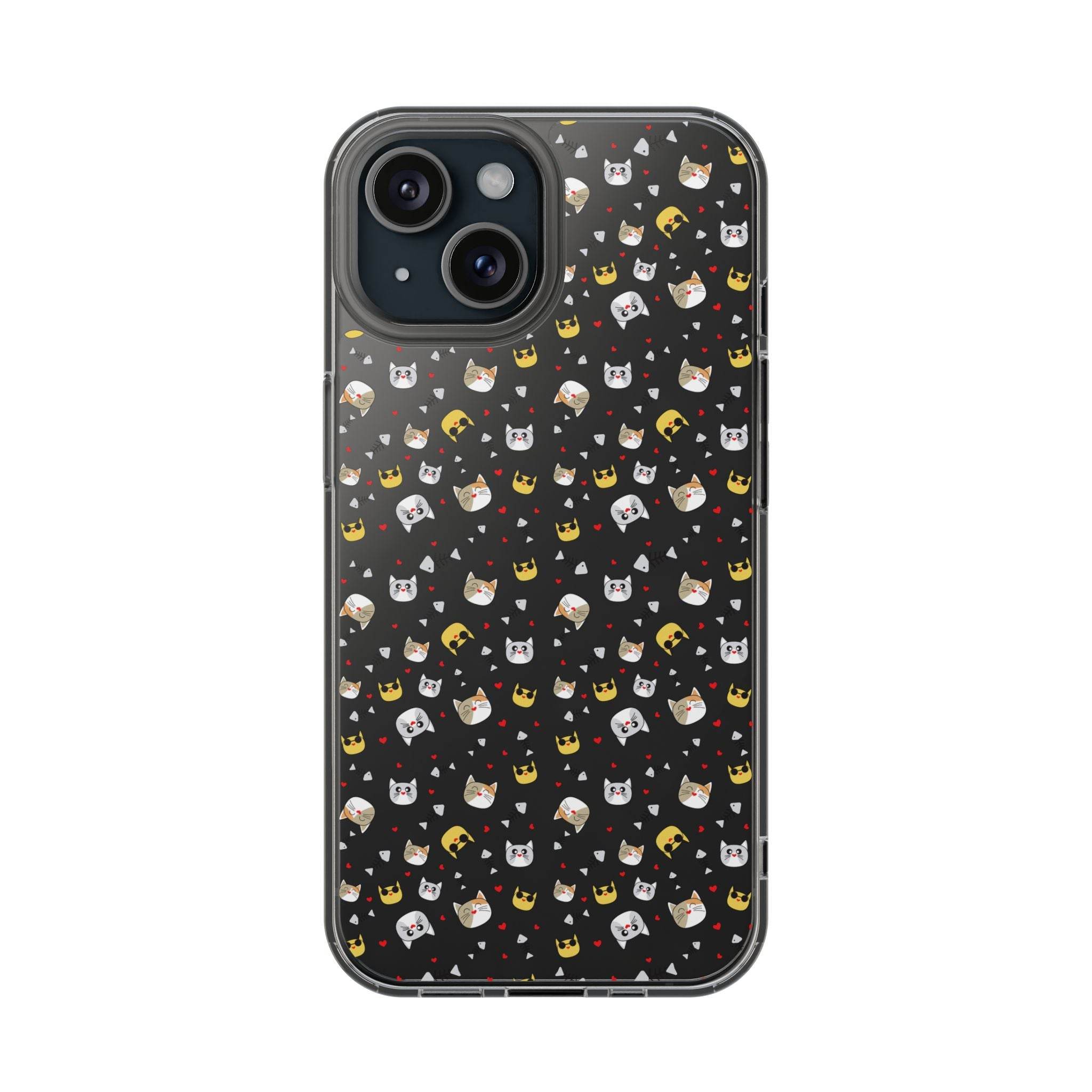 Printify eco-friendly cat phone cases with black background and colorful cat faces pattern