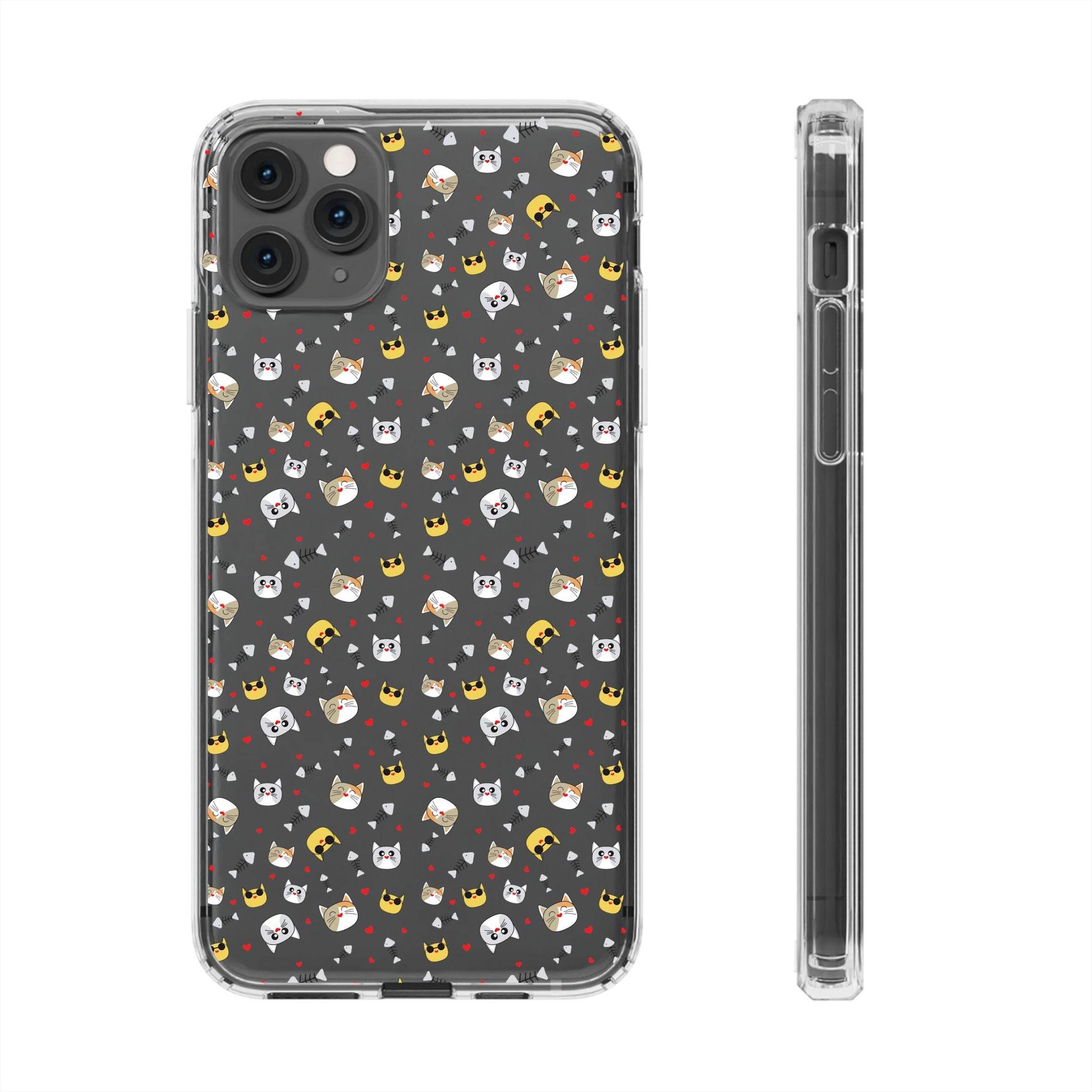 Printify eco-friendly cat phone cases with multiple cartoon cat faces on a dark background for iPhone