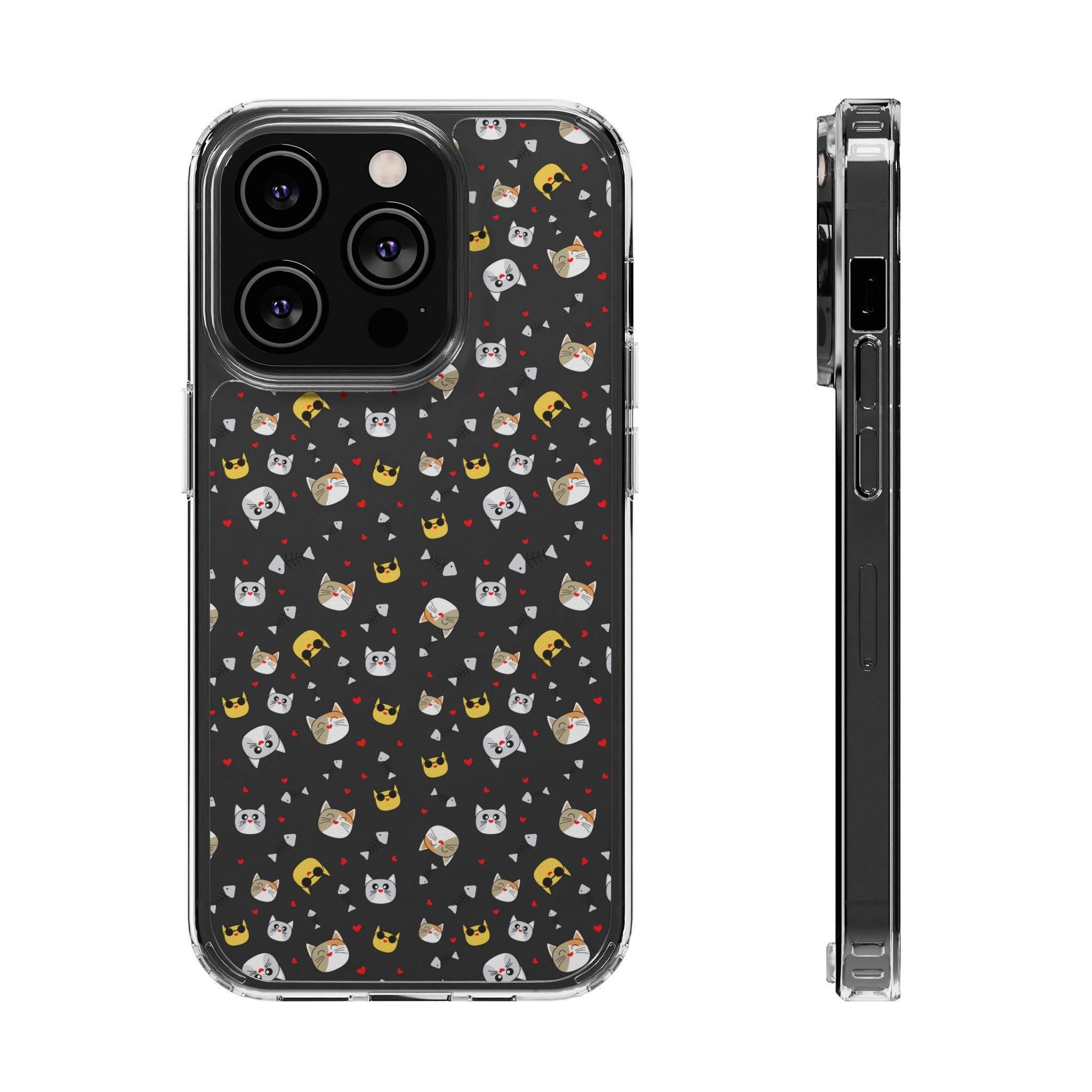 Printify eco-friendly cat phone cases featuring multiple colorful cat faces on a black background