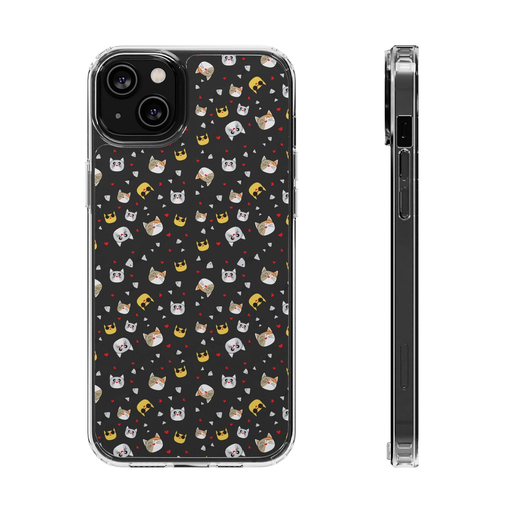 Printify eco-friendly cat phone cases with cute cat faces pattern on black background